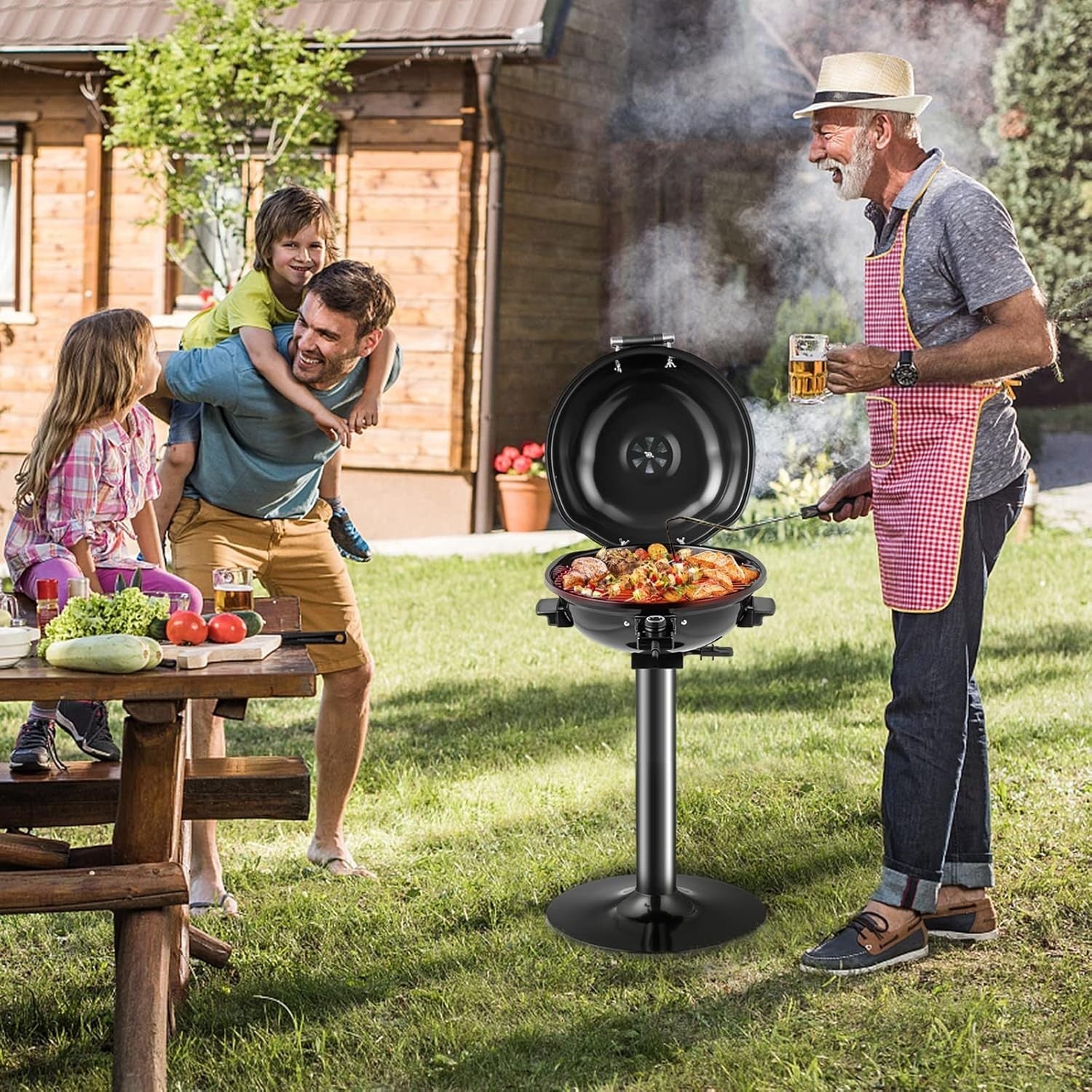 1600W Electric BBQ Grill with Stand | Non-Stick Rack, Adjustable Temp