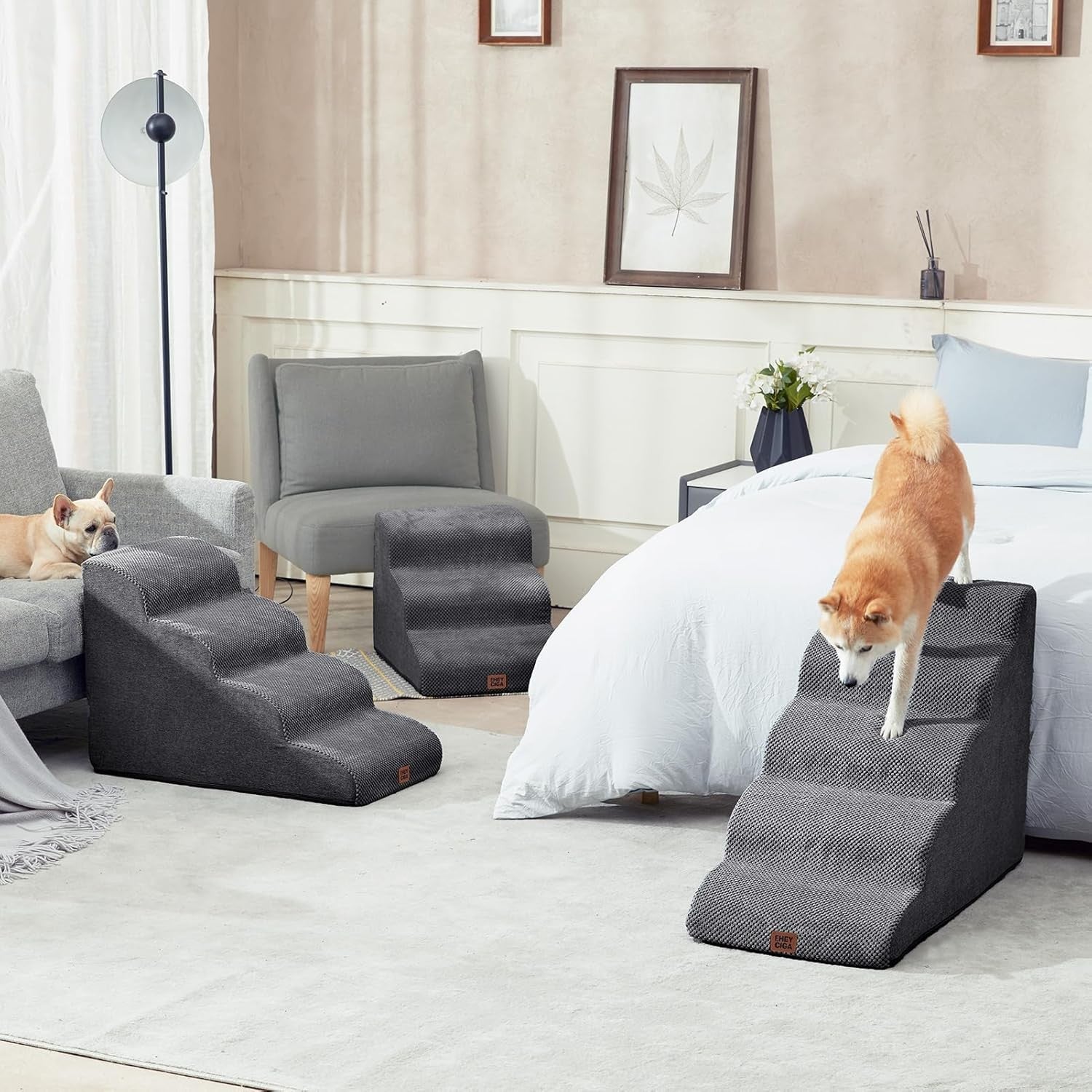 5 Step Dog Stairs for High Bed Non Slip Foam Pet Steps Washable Grey