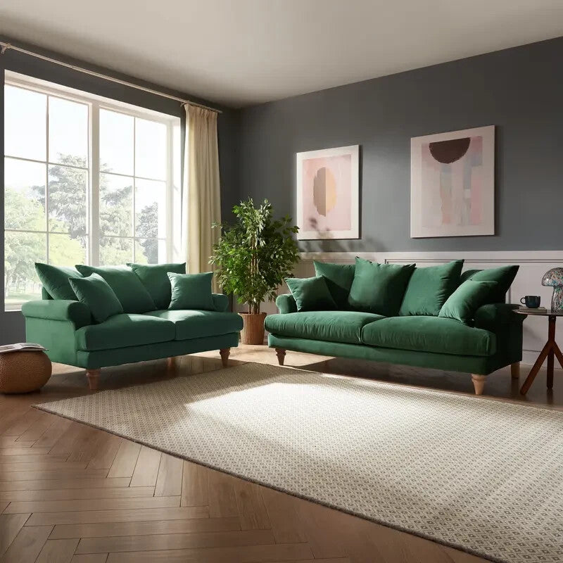 Green Velvet 2 Seater Sofa with Scatter Cushions Curved Arm Couch UK