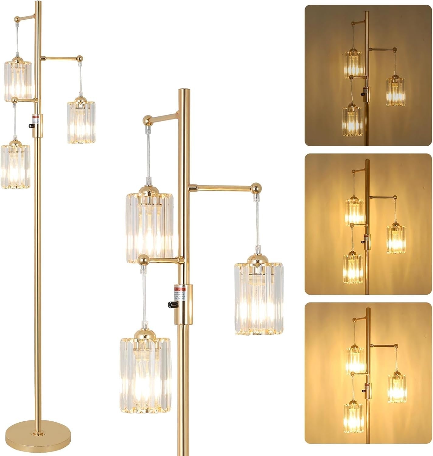 Dimmable 3-Light Gold Floor Lamp with Glass Shades for Living Room & Bedroom