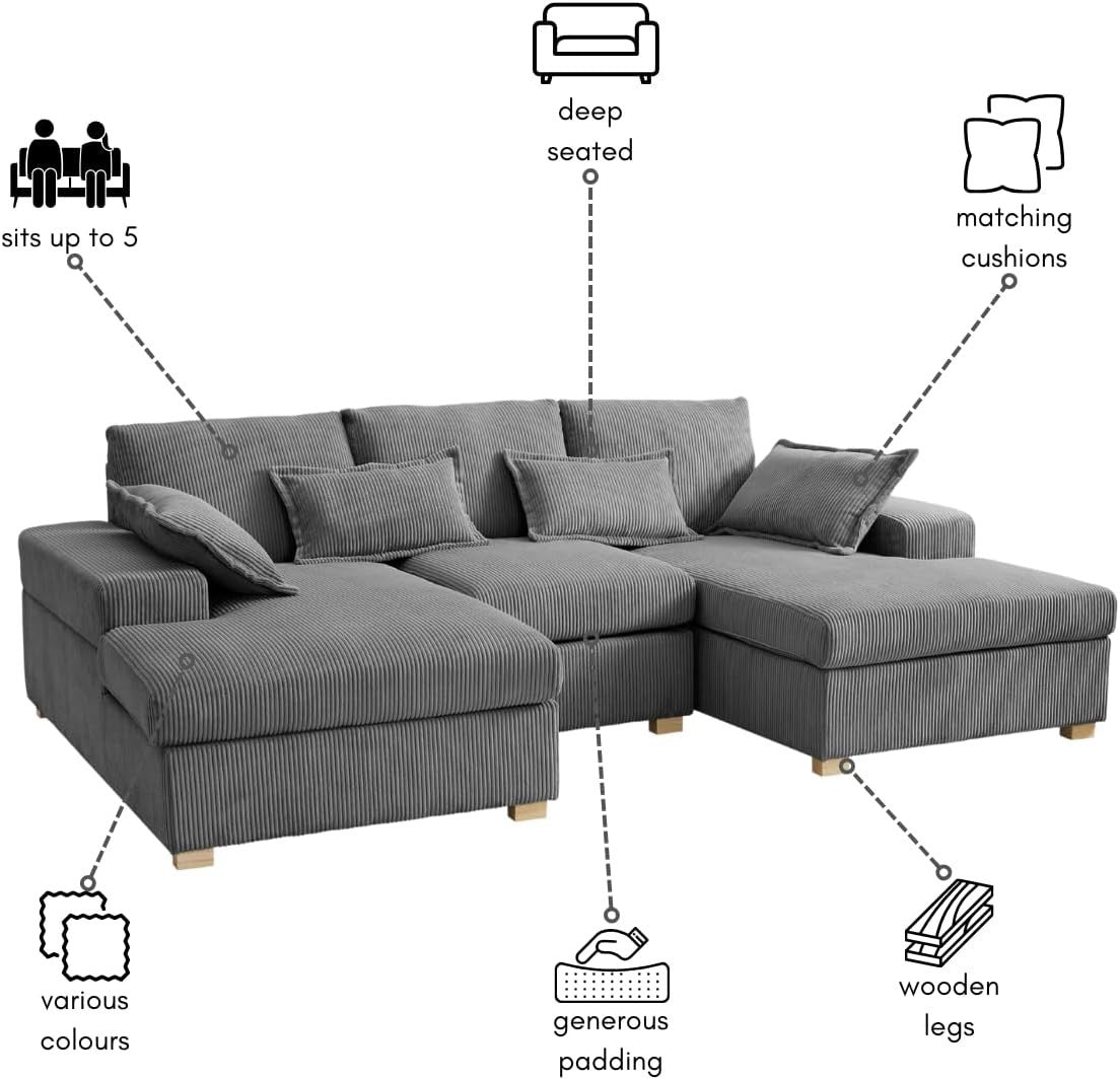 U-Shape Jumbo Cord Sofa Dark Grey 4-Seater | Deep Seat + Optional Footstool