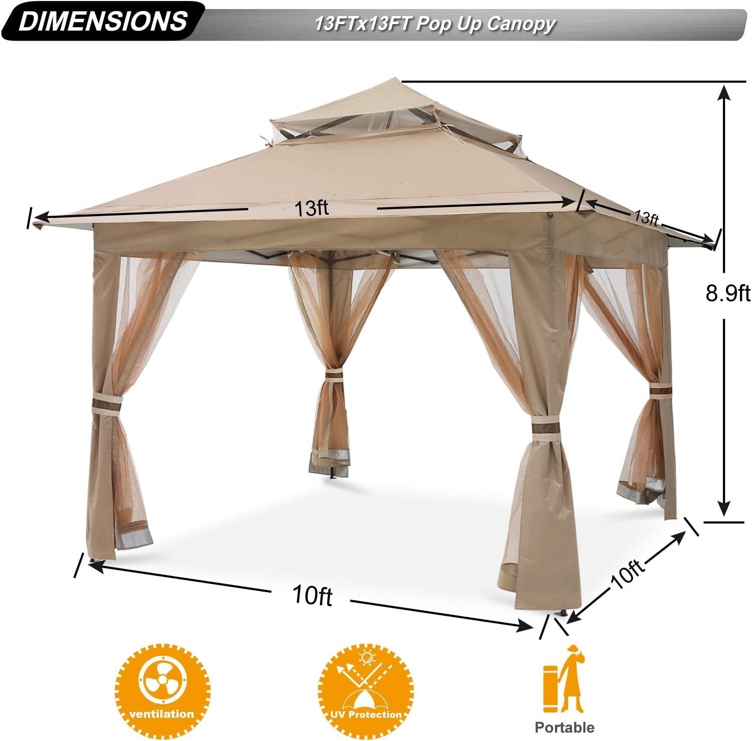 3.6x3.6M Khaki Pop Up Gazebo With Mesh Walls Outdoor Canopy Tent