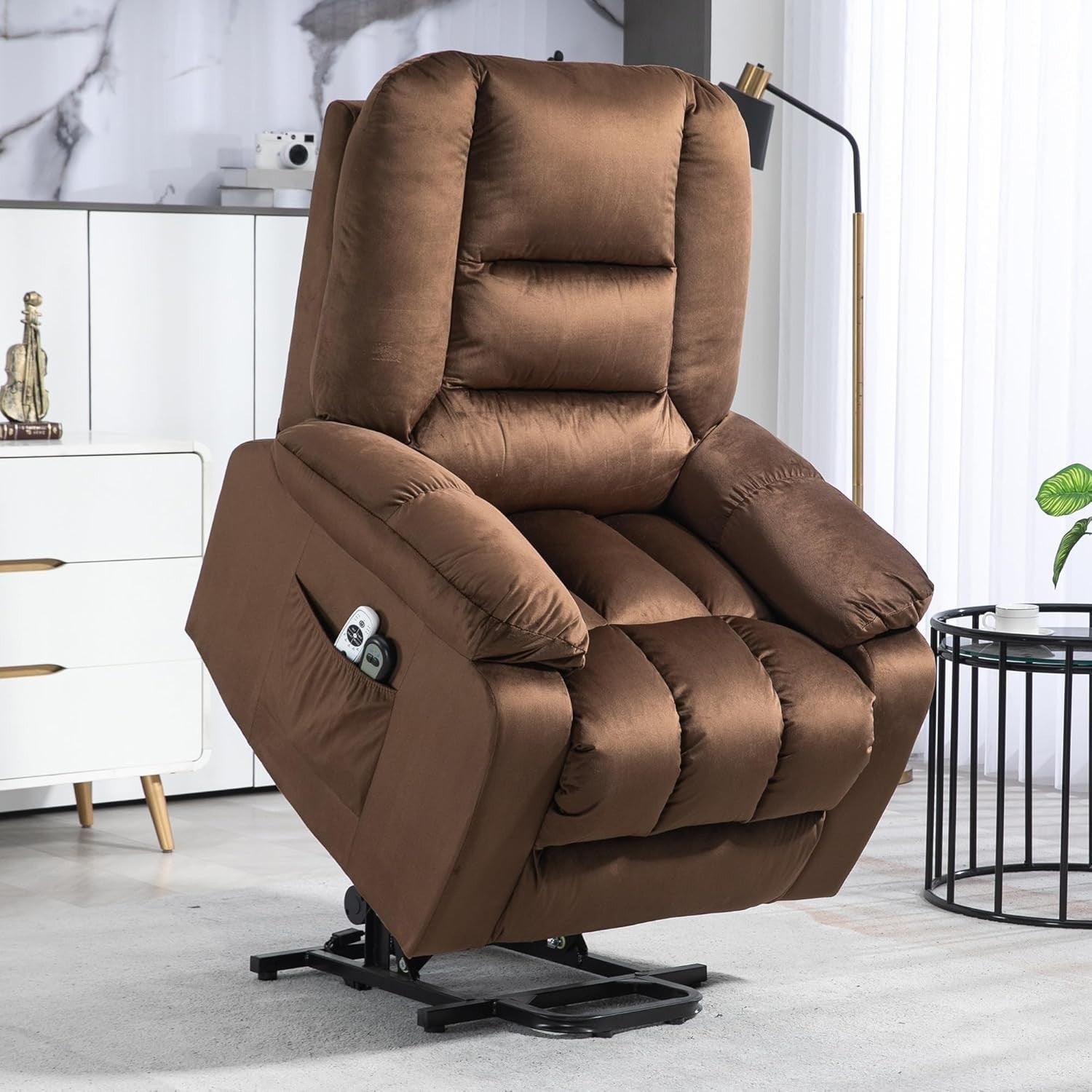 Velvet Lift Recliner Chair Massage Heat Riser Armchair for Elderly Brown
