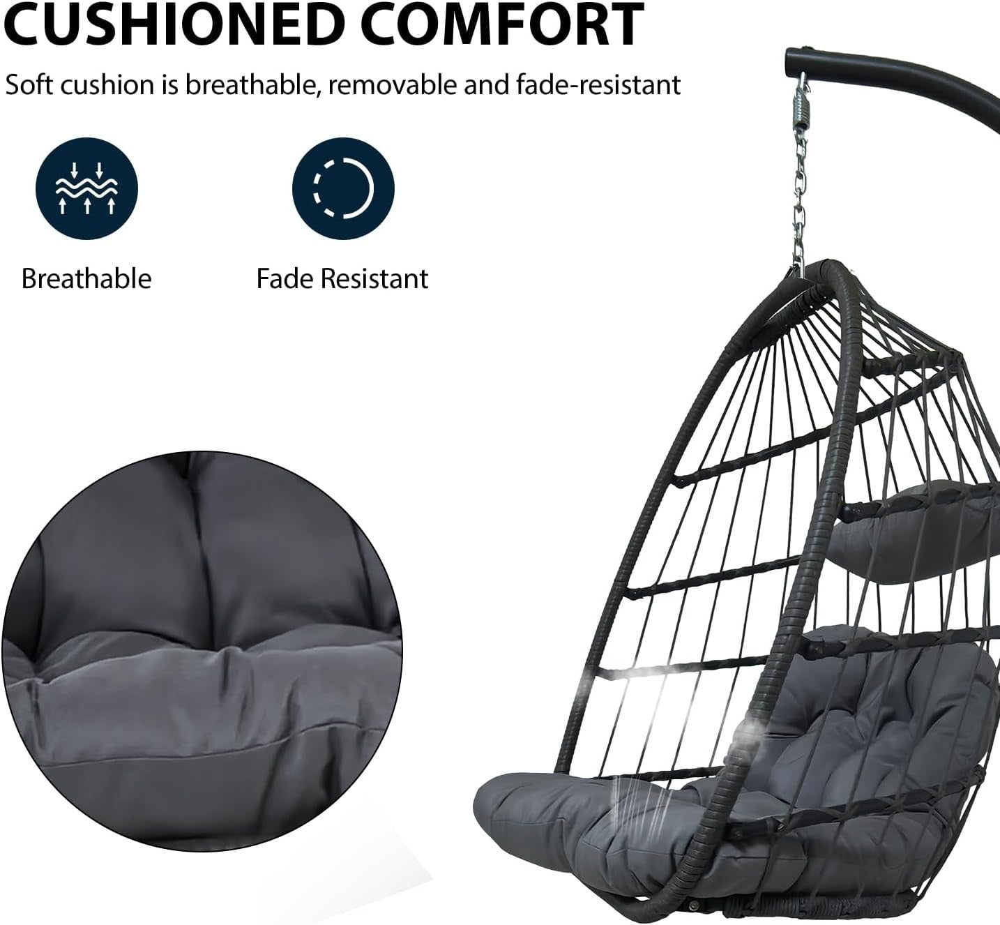 Light Grey Rattan Hanging Egg Chair with Stand | Indoor Outdoor Foldable Swing