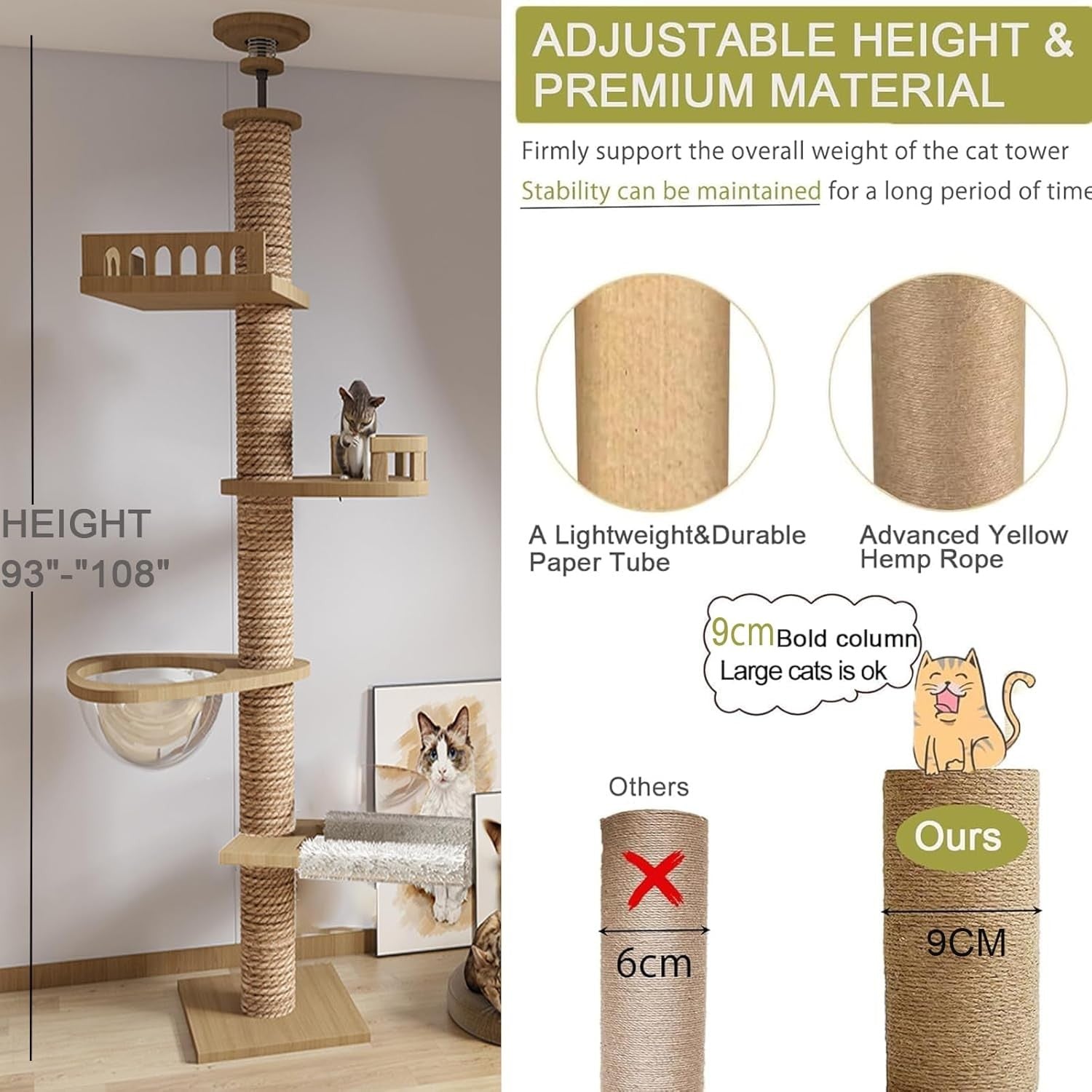 Floor to Ceiling Cat Tree Adjustable 5 Level Tower Sisal Posts Capsule Hammock