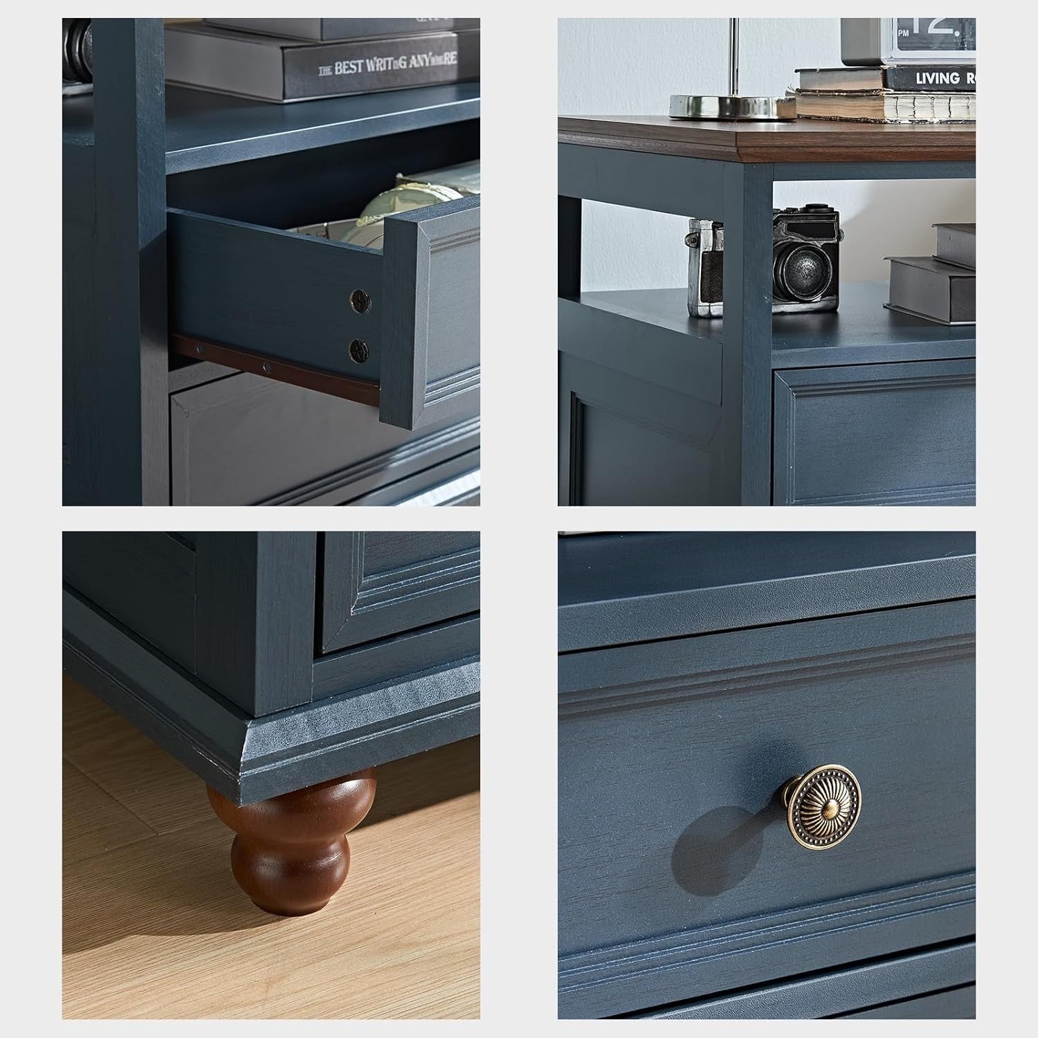 Blue Wooden Bedside Table with Drawers & Open Shelf