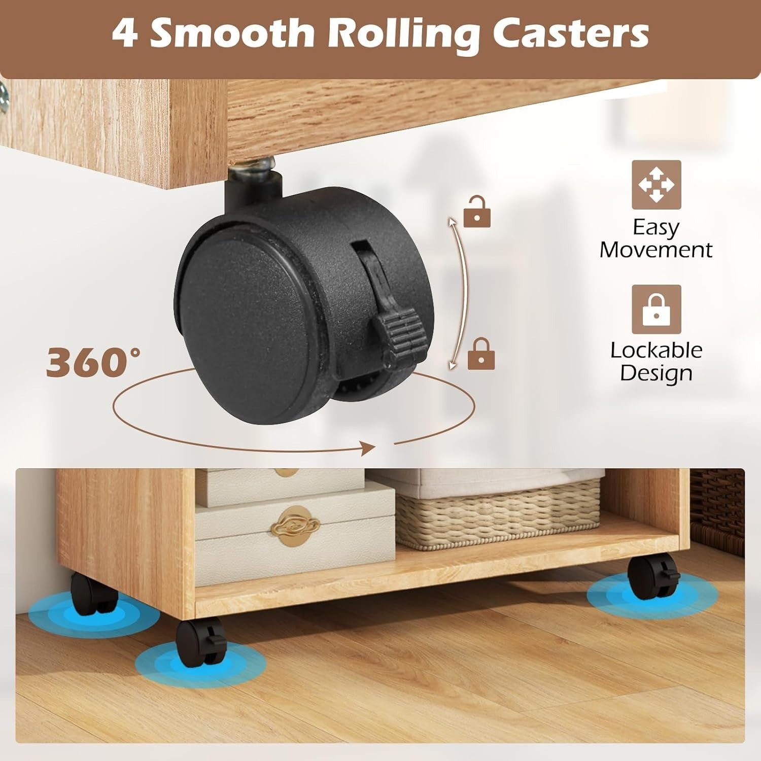 Mobile Bedside Table with Drawer & Shelves | Natural Wood Side Table on Wheels
