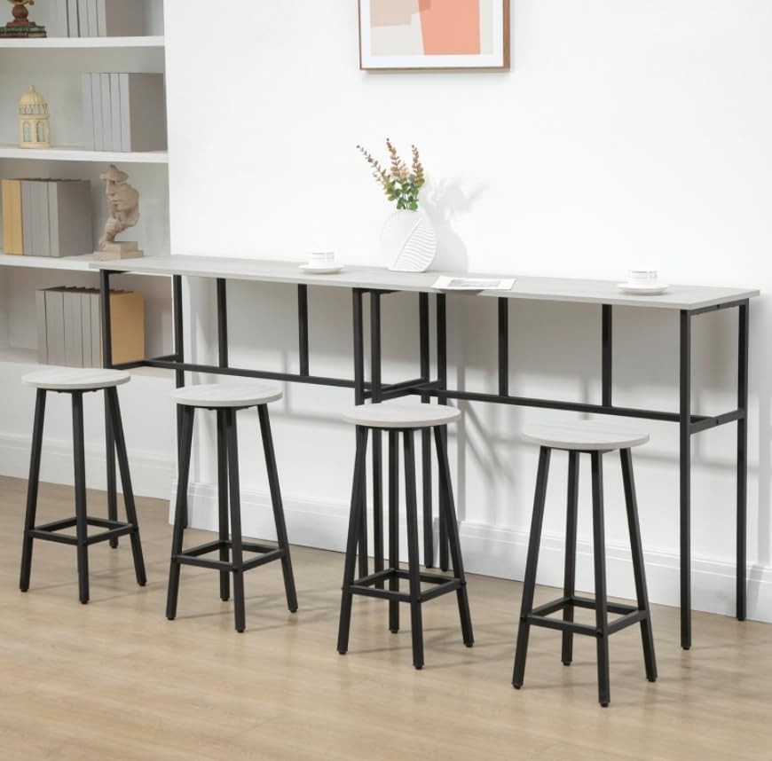 Grey Space-Saving Breakfast Bar Table Set 4 Stools, Rustic Metal Dining Counter