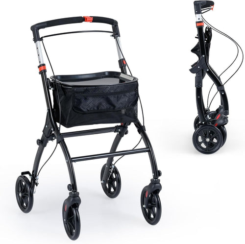Lightweight Folding Rollator Walker 4 Wheel Basket Brakes Narrow Black