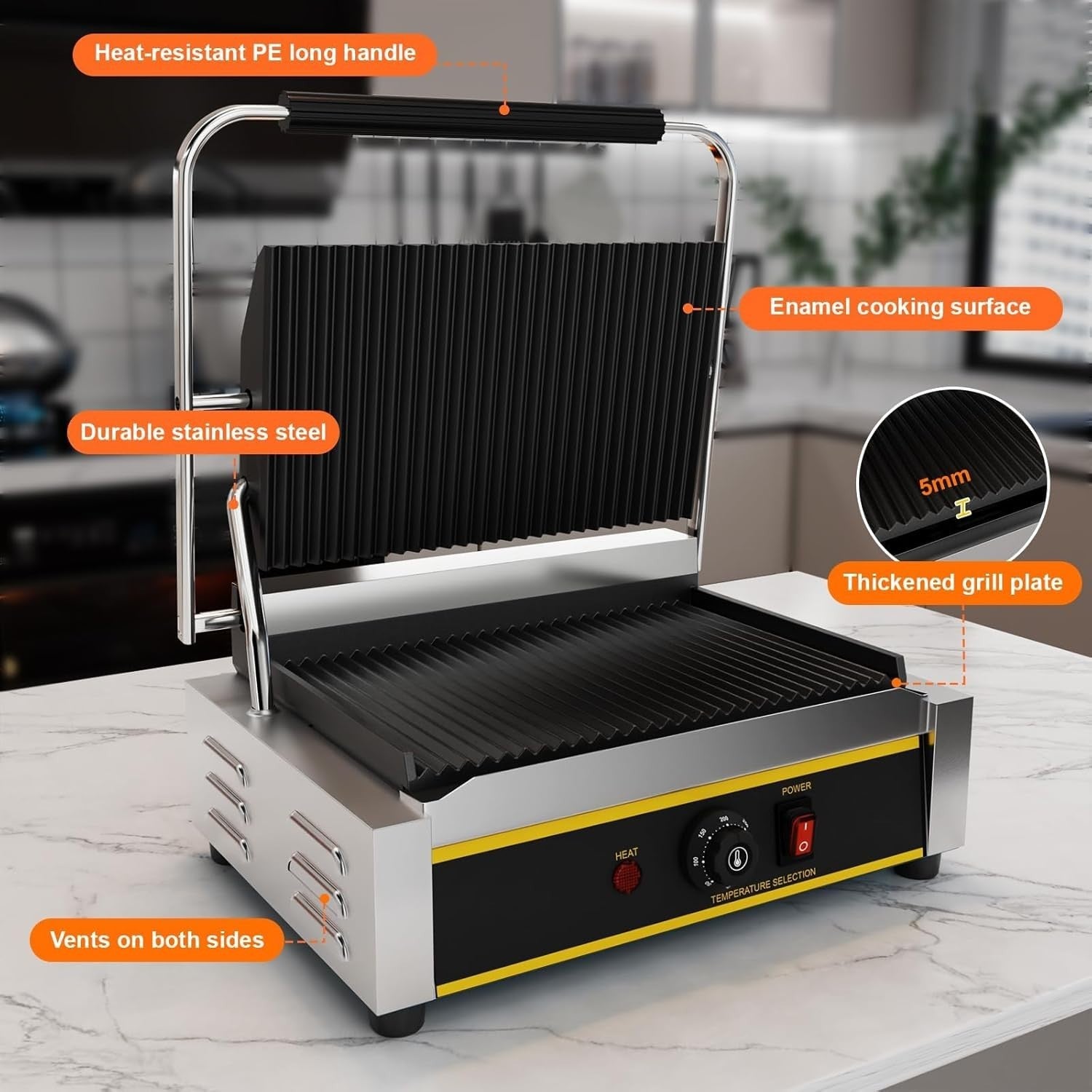 Commercial Panini Press 42.8x31x19.2cm Cast Iron Grill Sandwich Maker 2200W