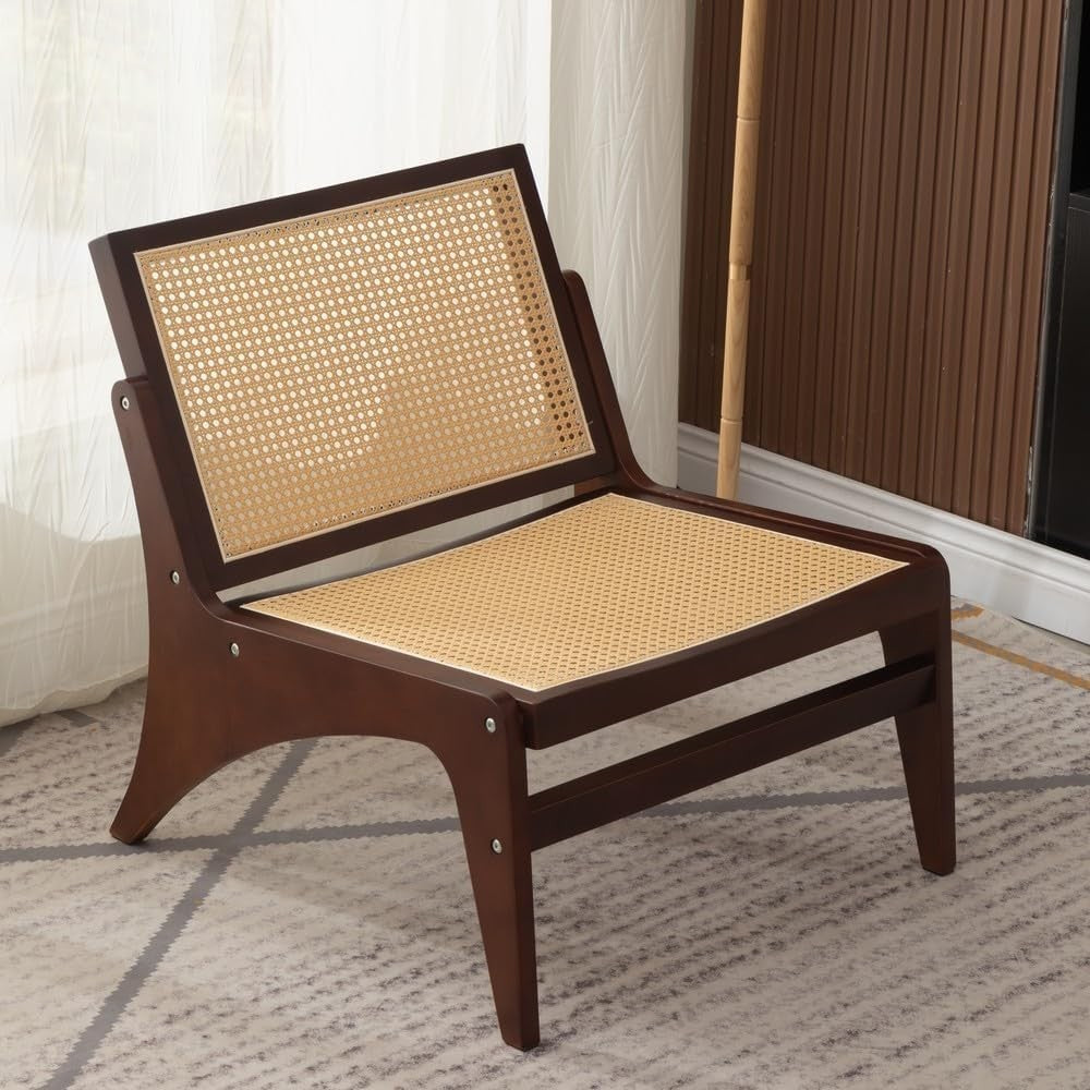 Walnut Rattan Accent Lounge Chair Wooden Frame Mid Century Armchair