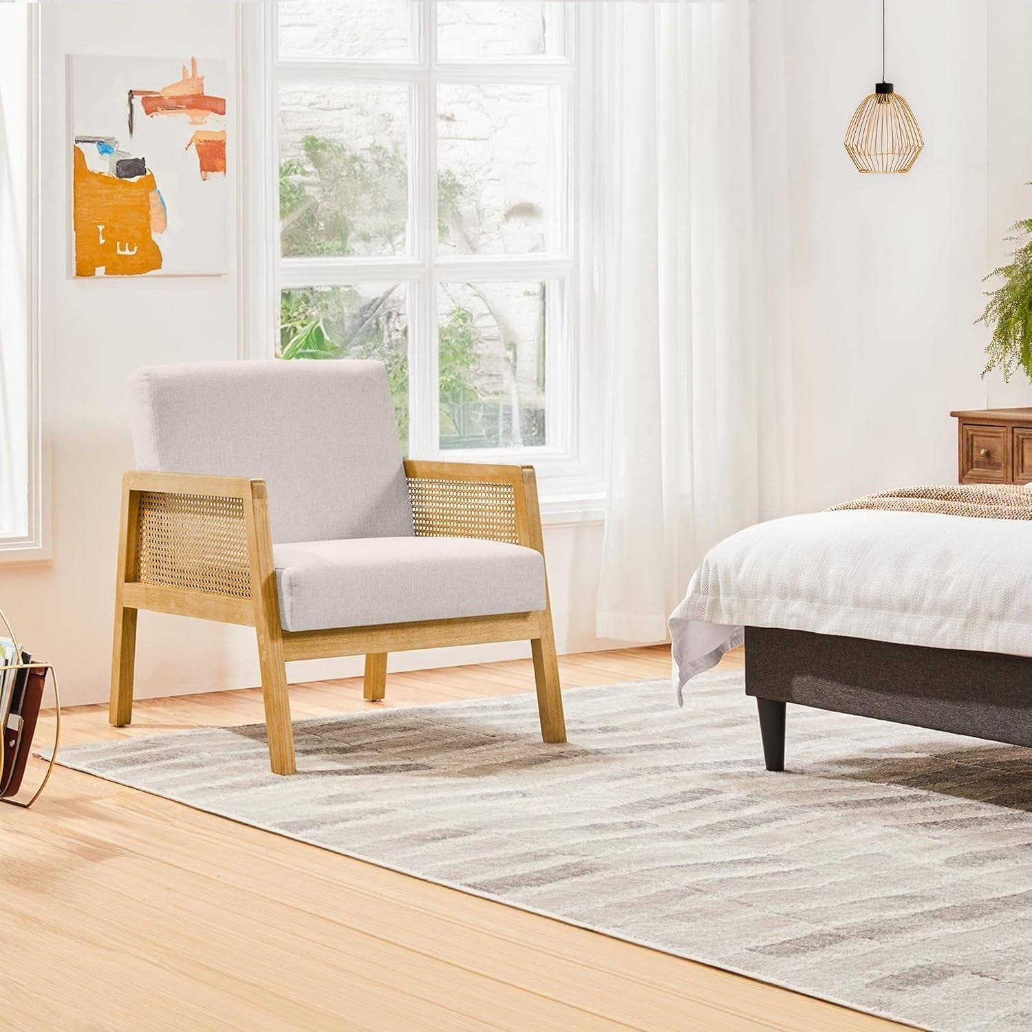 Modern Linen Accent Chair with Rattan Sides, Comfortable Armchair for Living