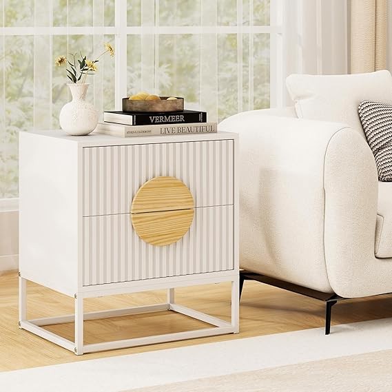 Modern White Bedside Table with 2 Drawers – Metal Frame Wood Accent Storage Unit