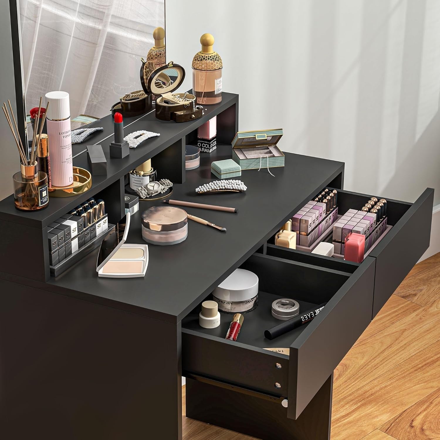Compact Dressing Table Vanity Desk with Mirror 2 Drawers Shelves Black Wood