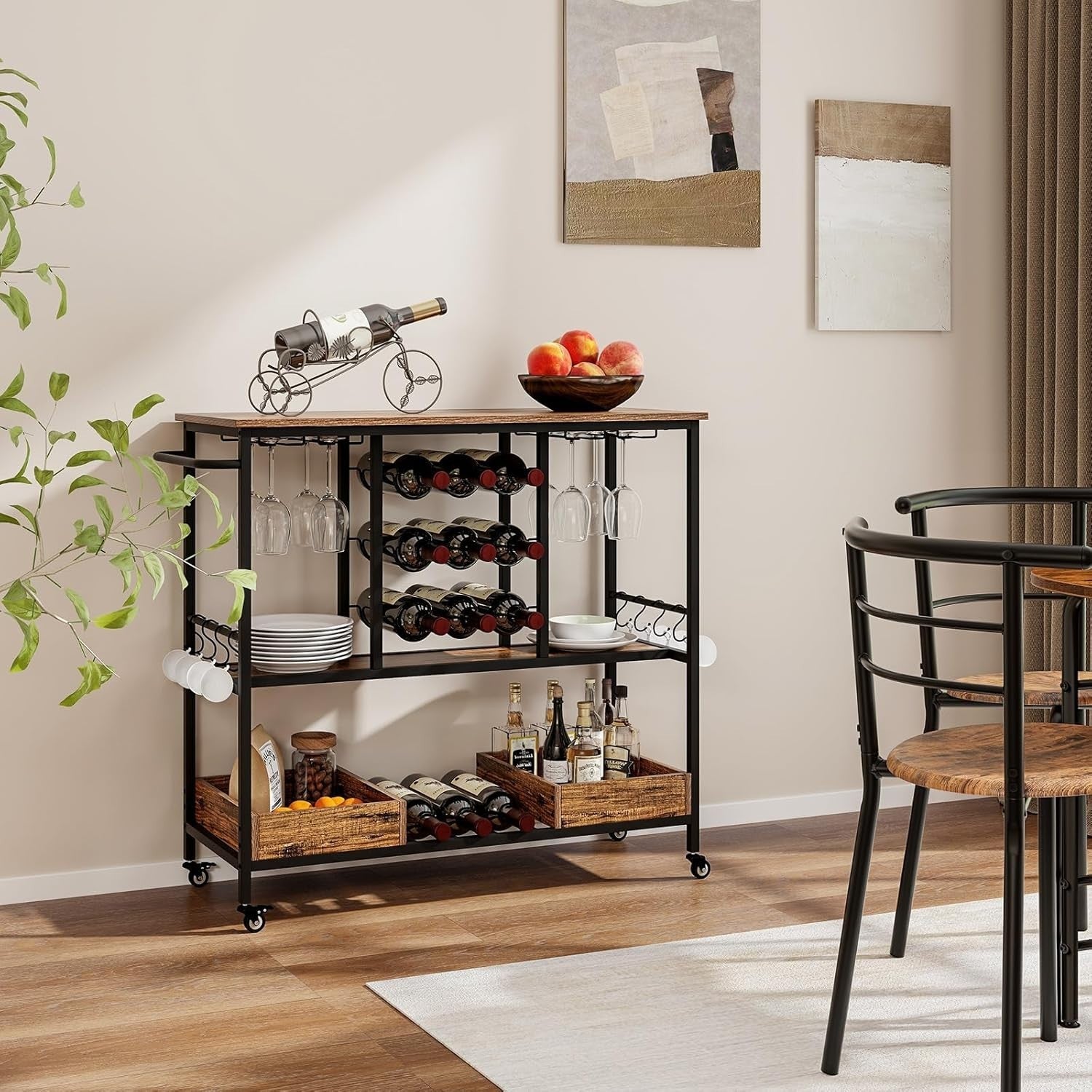 3 Tier Rolling Bar Cart 9 Bottle Wine Rack Drinks Trolley