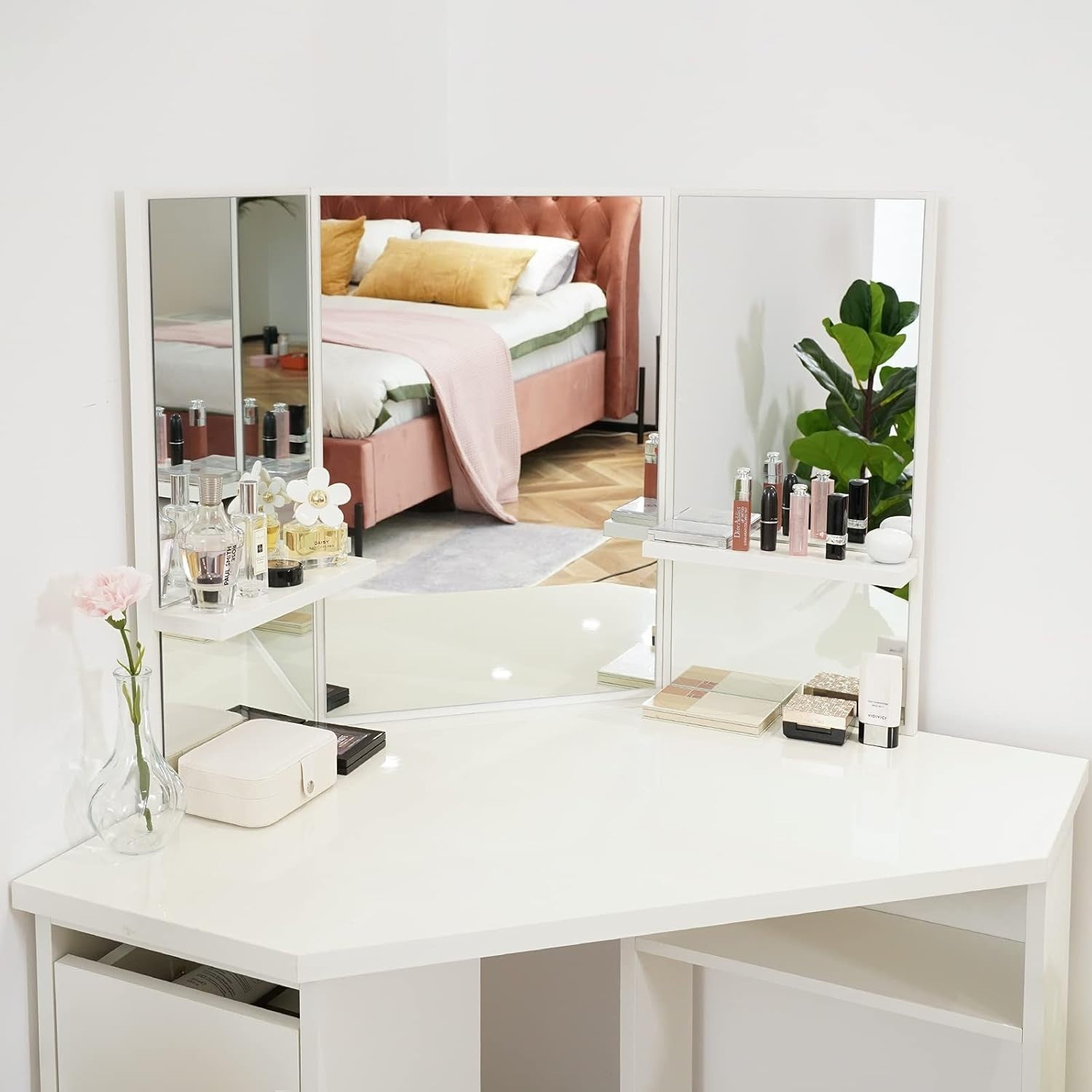 Corner Vanity Dressing Table Set White 3 Hollywood Mirror 5 Drawer Stool (74/77)