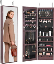 LED Jewelry Mirror Cabinet Lockable Wall Mounted Full Length Storage Brown