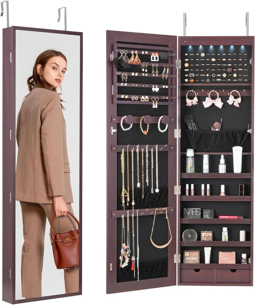 LED Jewelry Mirror Cabinet Lockable Wall Mounted Full Length Storage Brown