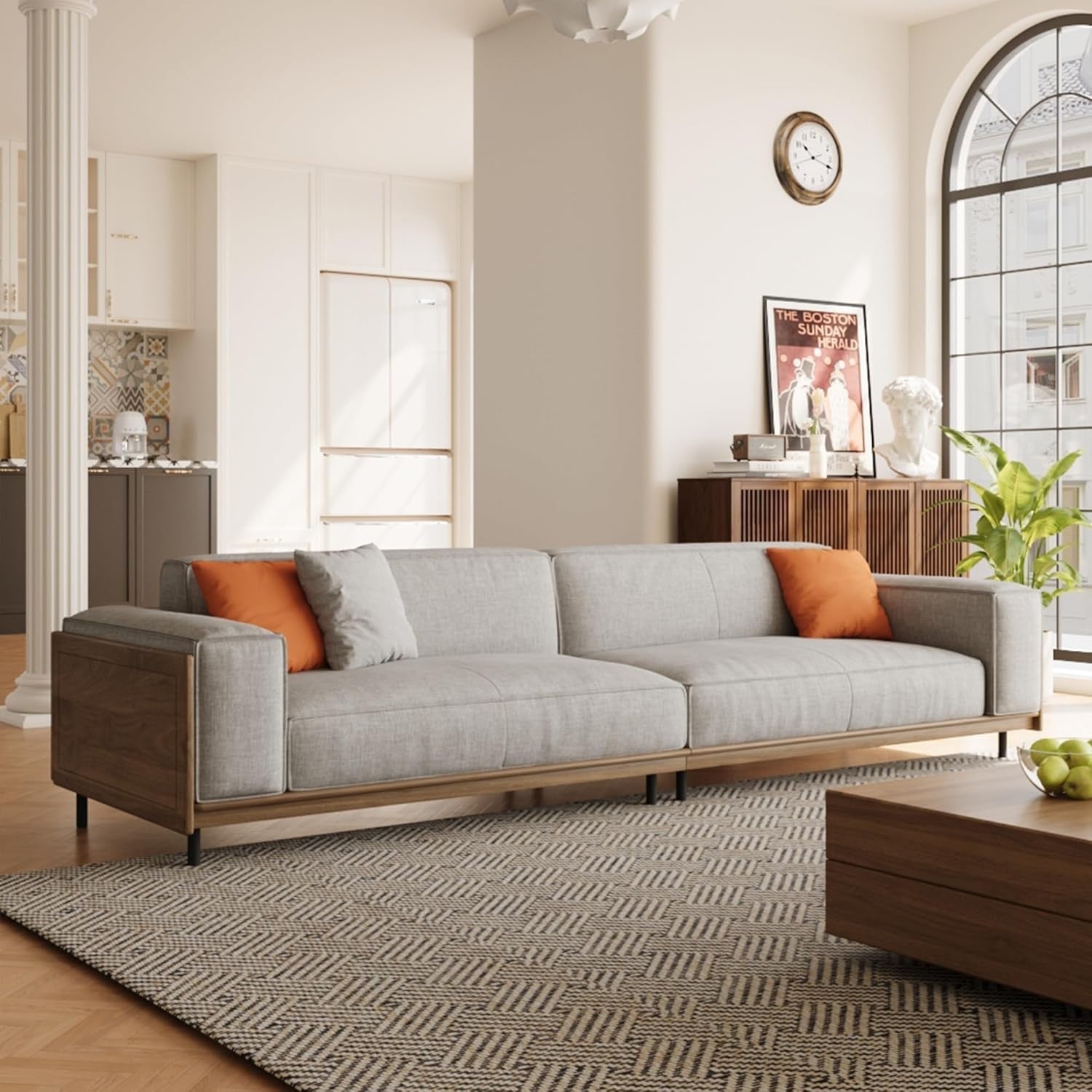Modern Light Grey 4-Seater Sofa with Wooden Base & Decorative Cushions