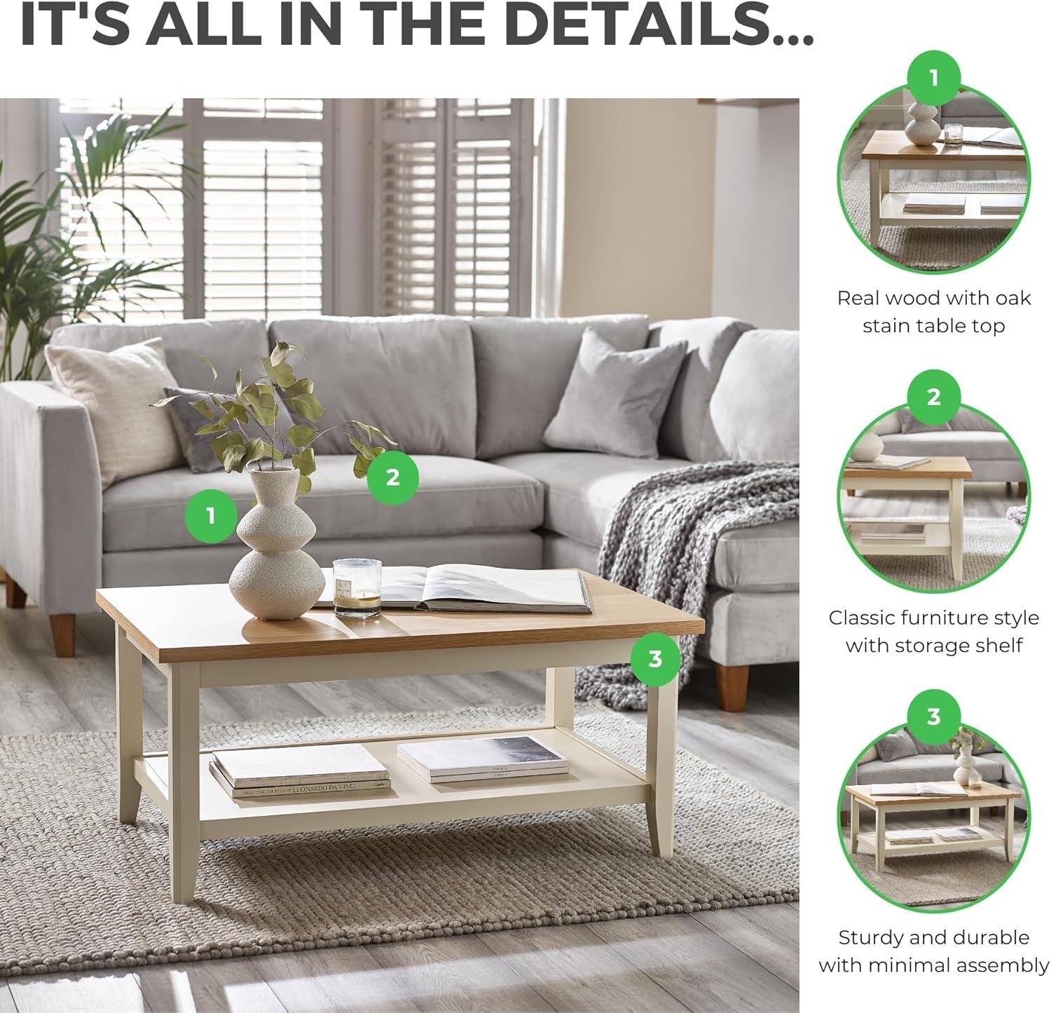 Solid Wood Coffee Table Farmhouse Style – Pale Oak Top Cream Legs – Modern