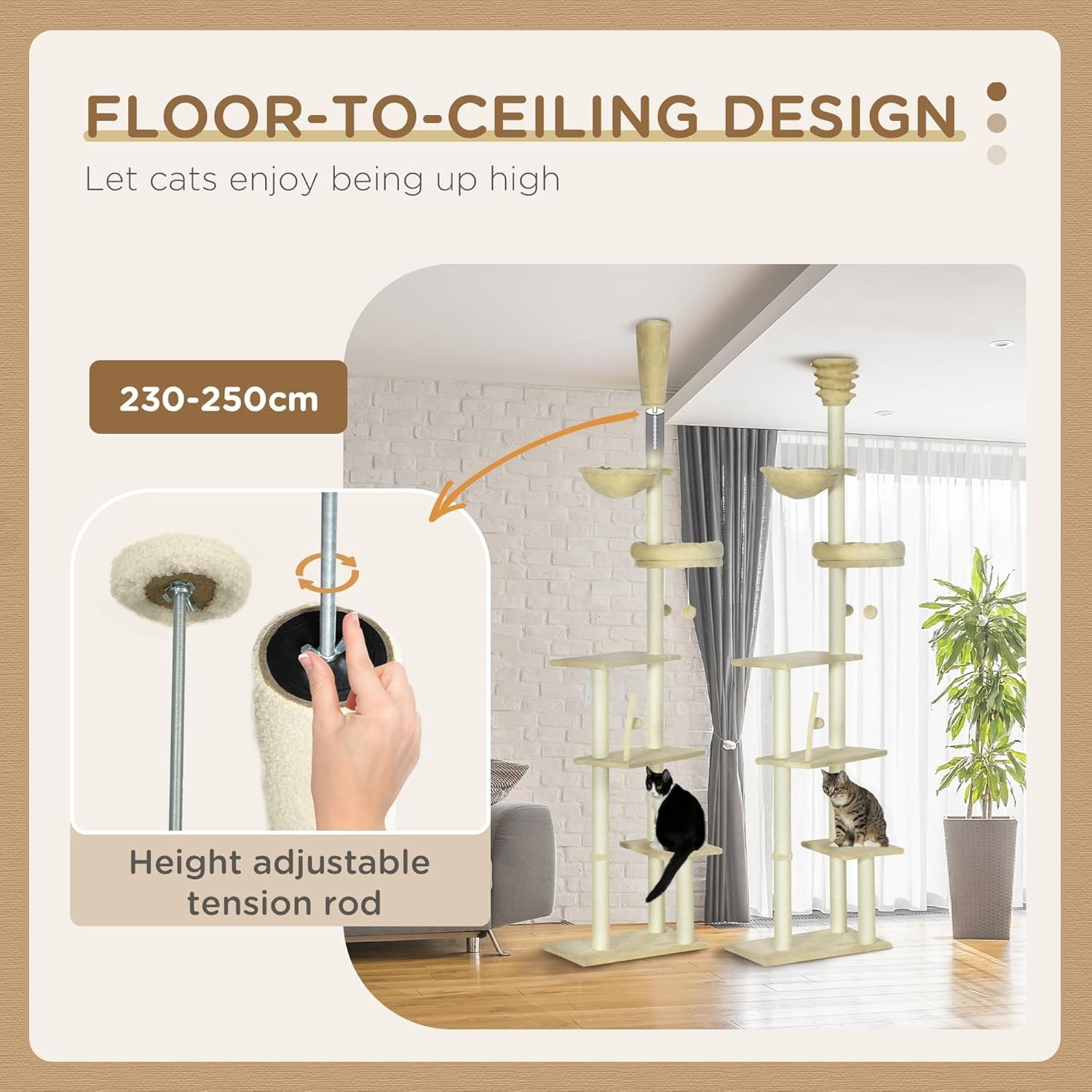 Floor to Ceiling Cat Tree 6 Tier Tower Adjustable Height Scratch Post Hammock