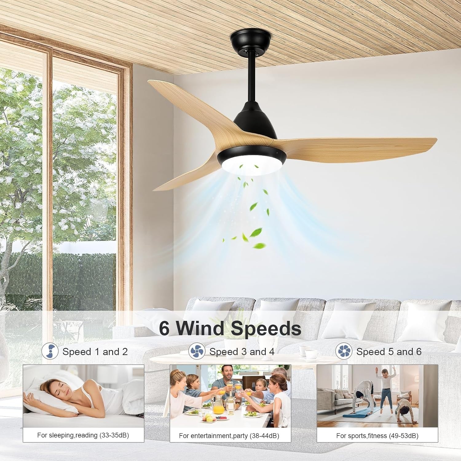 52" Ceiling Fan Light, 3 Blades, Dimmable LED, Remote, Quiet Wood Fan