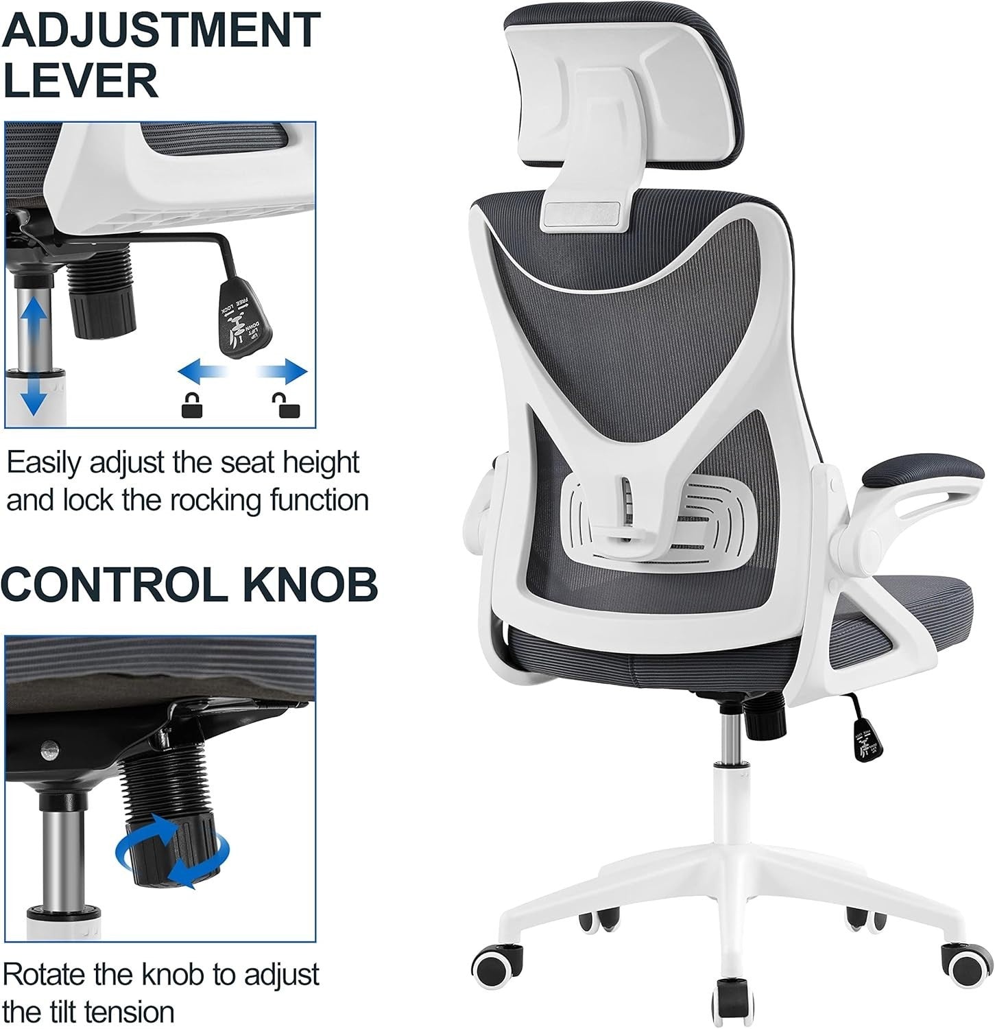 Ergonomic Mesh Office Desk Chair Adjustable Height Lumbar Flip-up Arms White/Gre