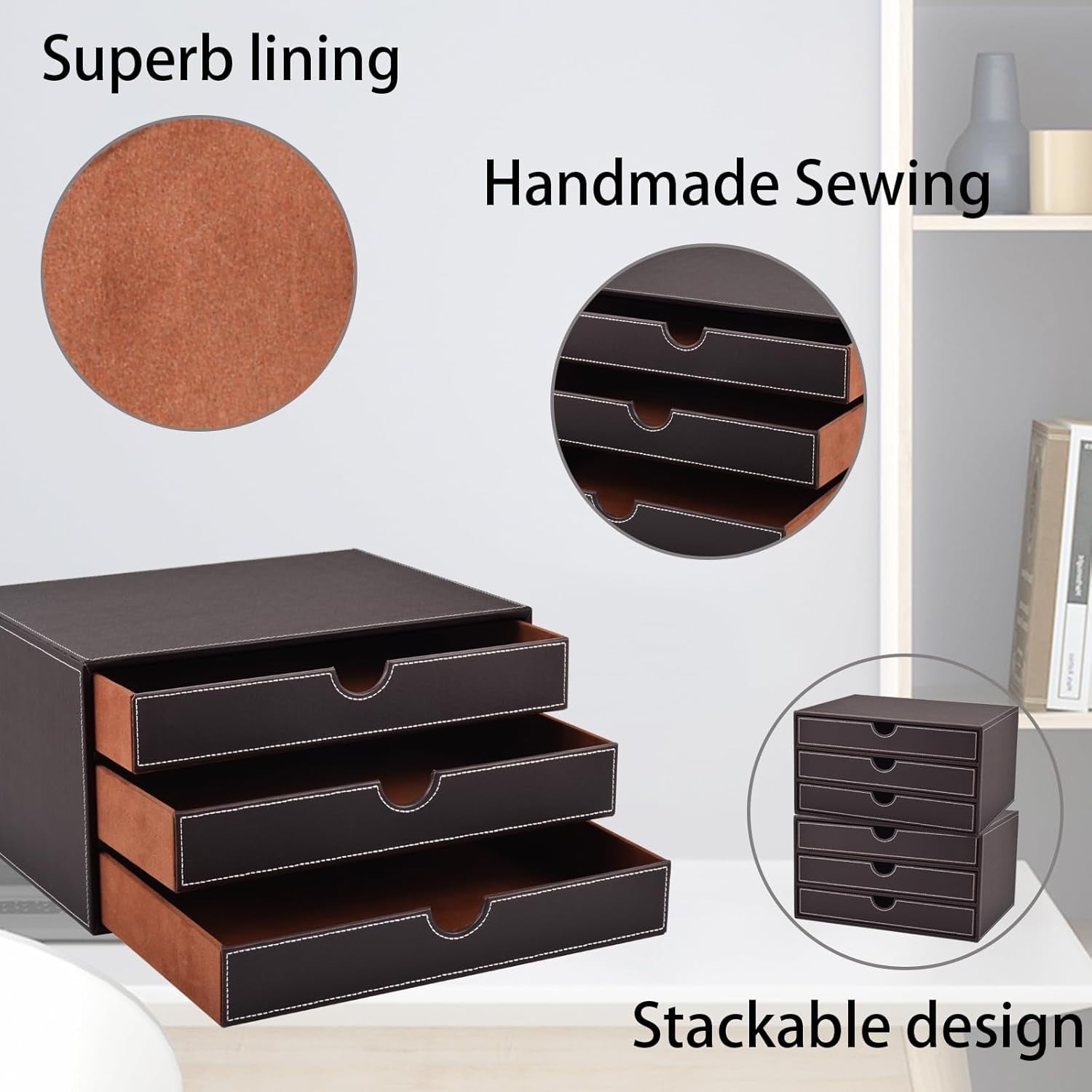PU Leather 3-Drawer Desk Organizer for Office, Documents, Makeup & More