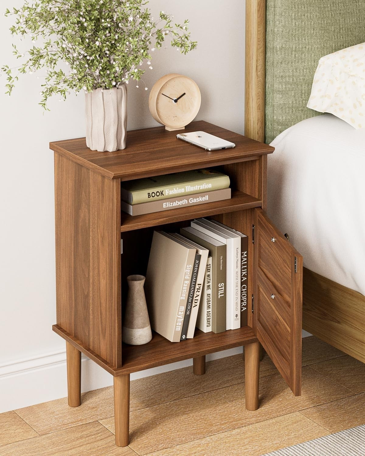 Walnut Wooden Bedside Table with Door & Open Shelf | Vintage Farmhouse