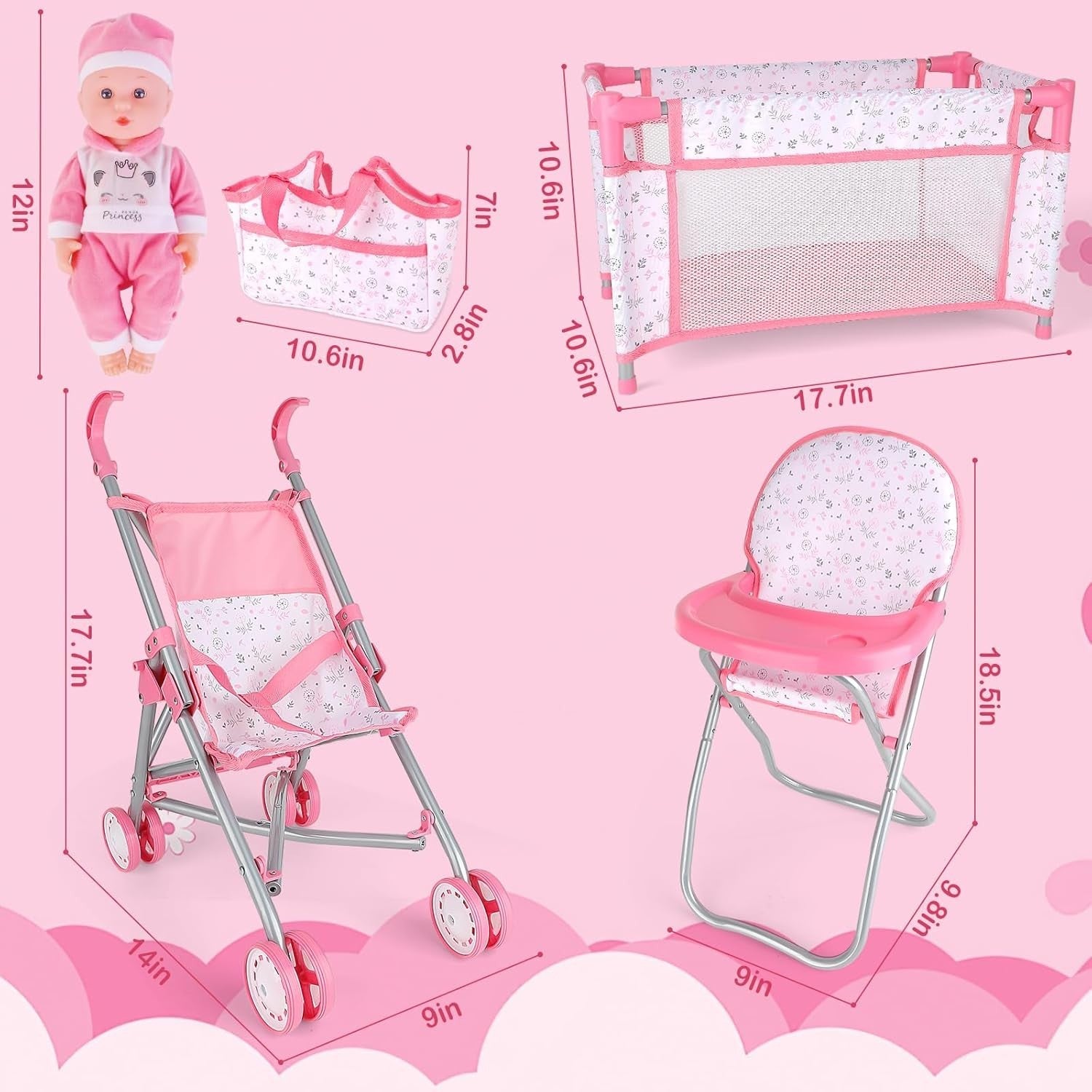 Baby Doll Stroller Playset Foldable Pram Cot Highchair Accessories