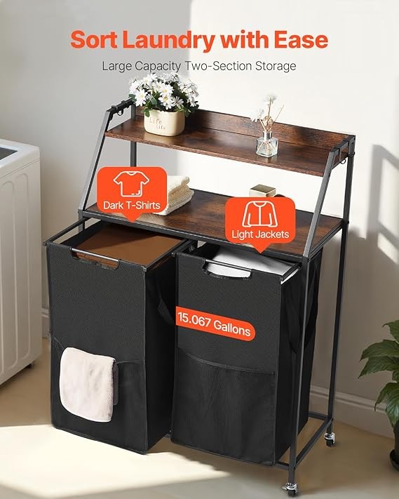 2-Tier Rolling Laundry Sorter with Wooden Shelf, 2 Bag Hamper & Lockable Wheels