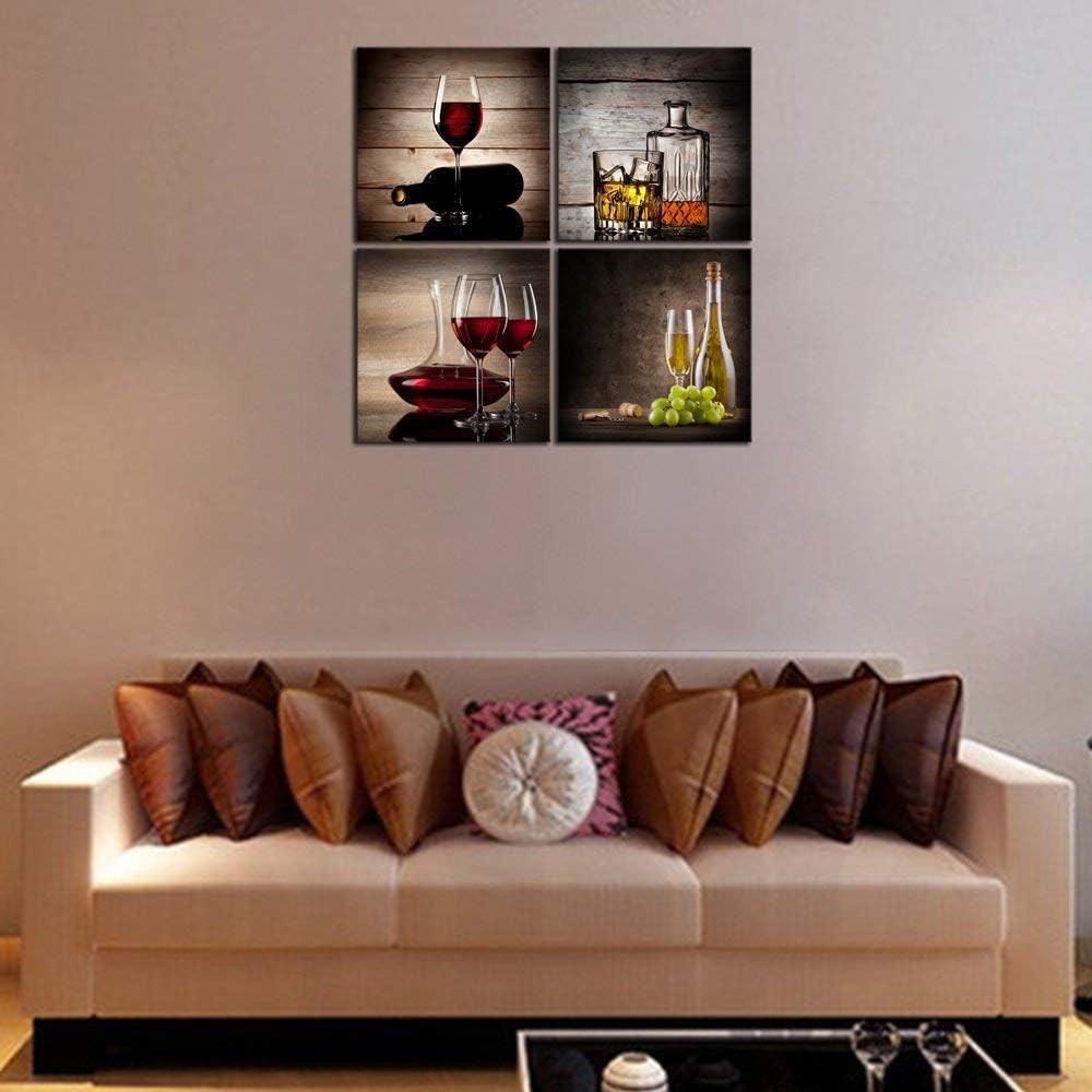 Red Wine Canvas Wall Art Set of 4 Framed 20x20in Modern Prints