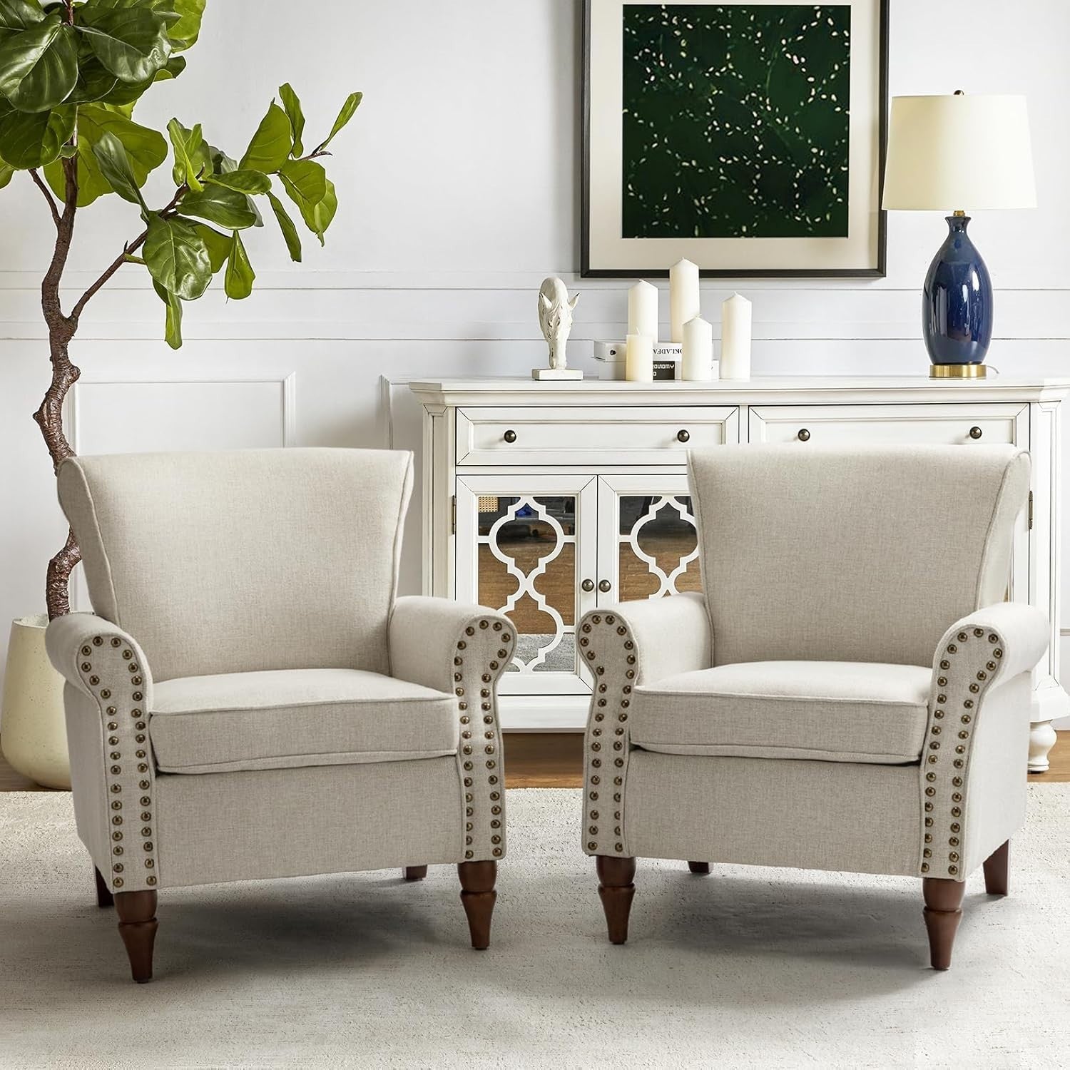 Oatmeal Wingback Armchairs Set of 2 Upholstered Lounge Living Room Chairs