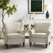 Oatmeal Wingback Armchairs Set of 2 Upholstered Lounge Living Room Chairs