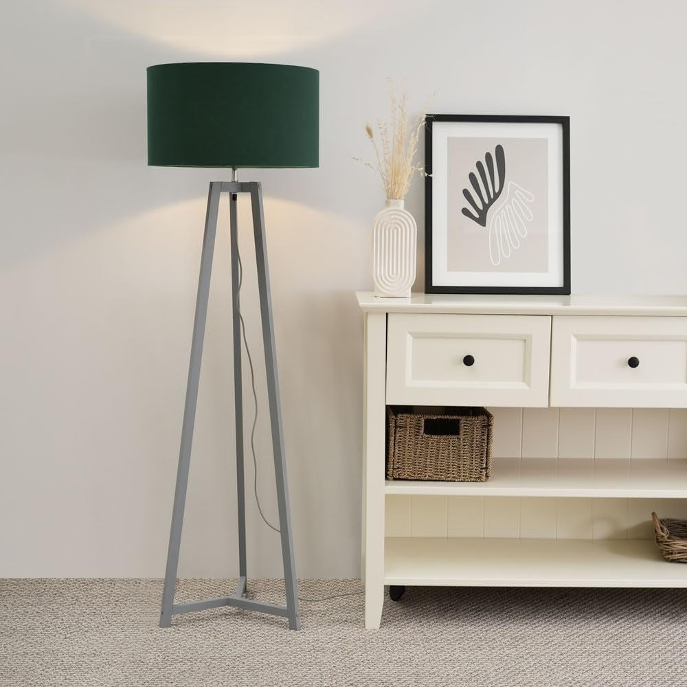 Grey Wooden Tripod Floor Lamp Forest Green Drum Shade LED Light