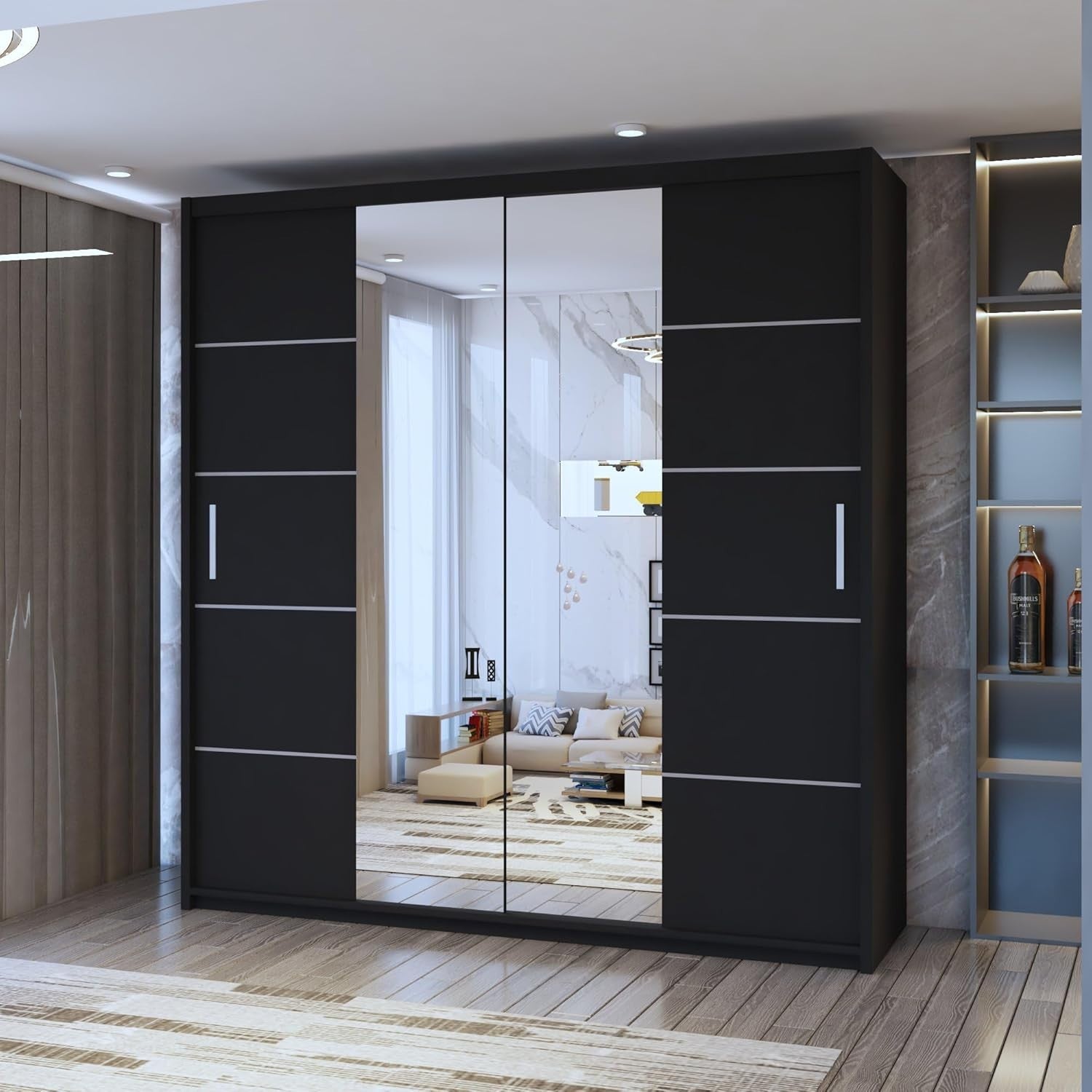 120cm Black Sliding Wardrobe Mirror Doors Modern Bedroom Storage Unit