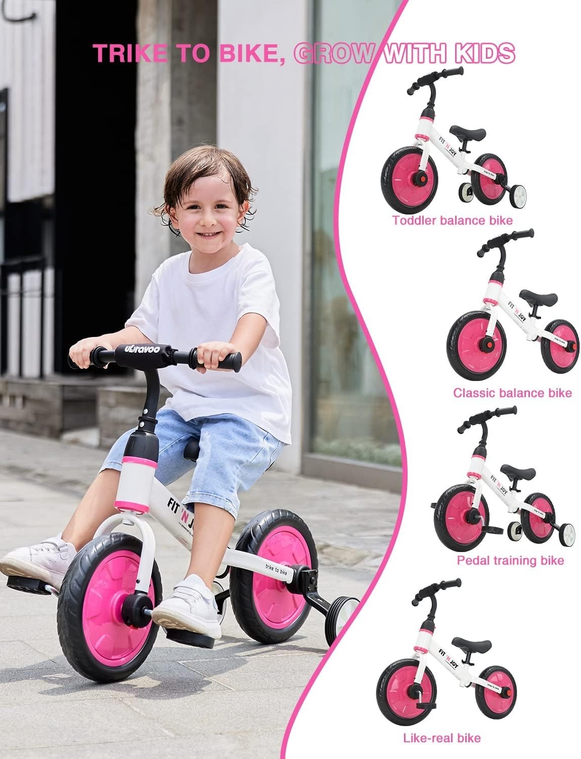 4 in 1 Kids Balance Bike Trike Pedal Bike Training Wheels Pink 2-5Y