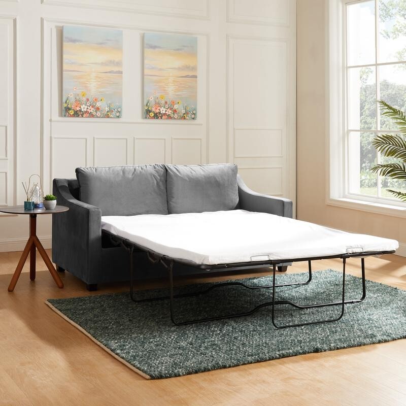Grey Velvet Pull Out Sofa Bed with Mattress Small Double Guest Bed