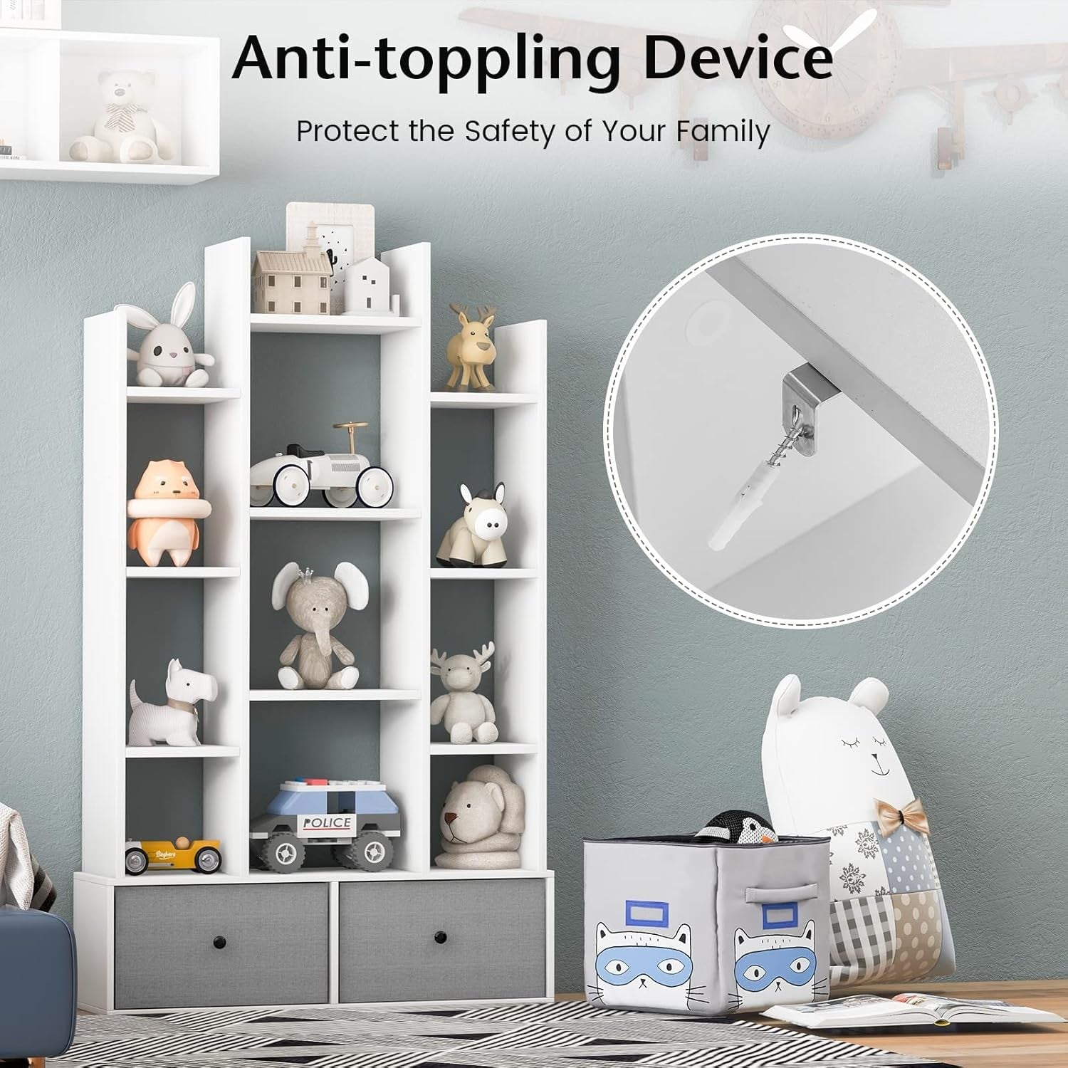 White Tree-Shaped Tall Bookcase 12 Cube Storage Shelf with 2 Drawers 80×24×132cm