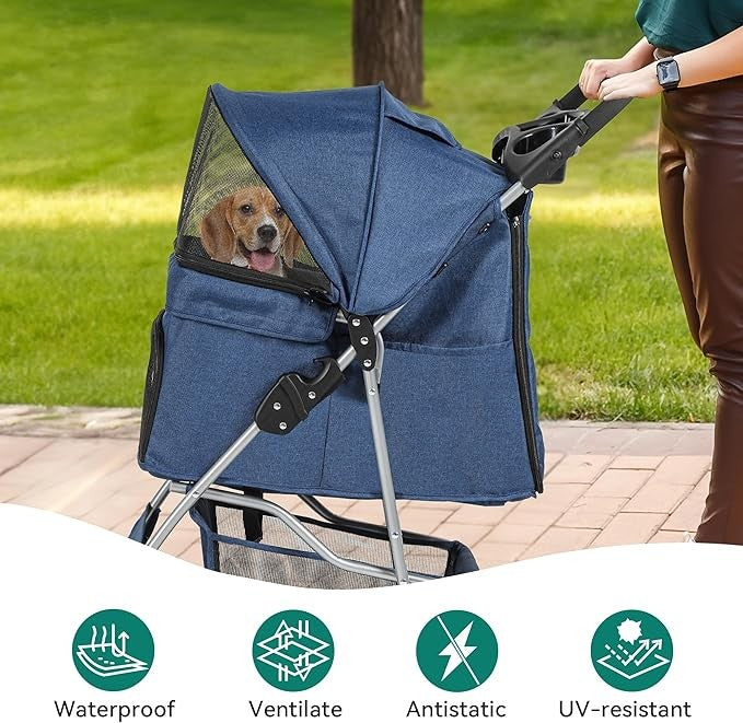Dog Stroller 4 Wheel Folding Pet Buggy with Storage Basket Travel
