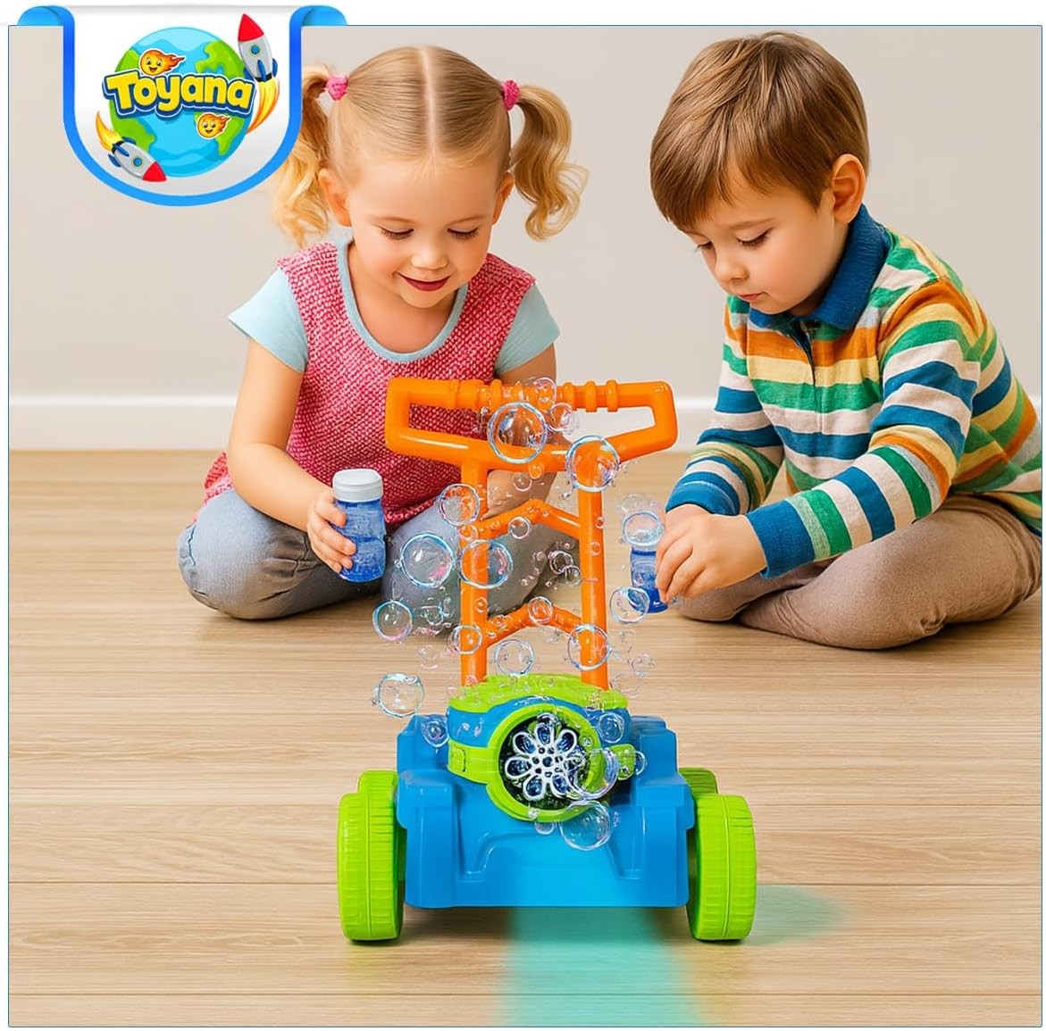Kids Bubble Lawn Mower Toy with Lights & 2 Bubble Solutions