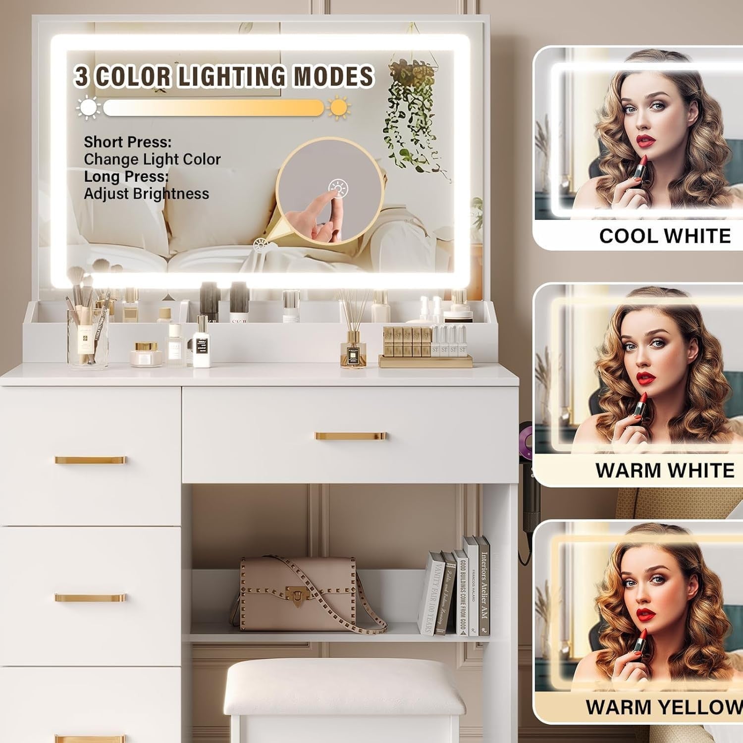 White Modern Vanity Desk w/Lighted Mirror Stool UK Plug 4 Drawers Study Table