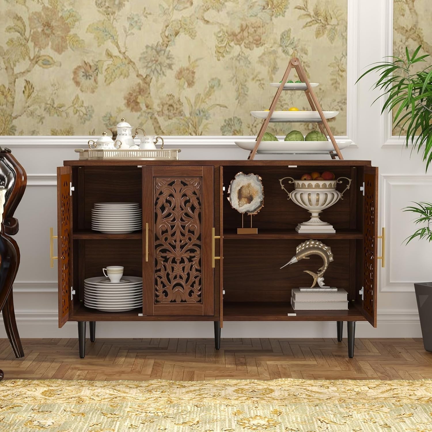 Vintage Brown Sideboard Cabinet 4 Doors Hollow Carved Storage Buffet