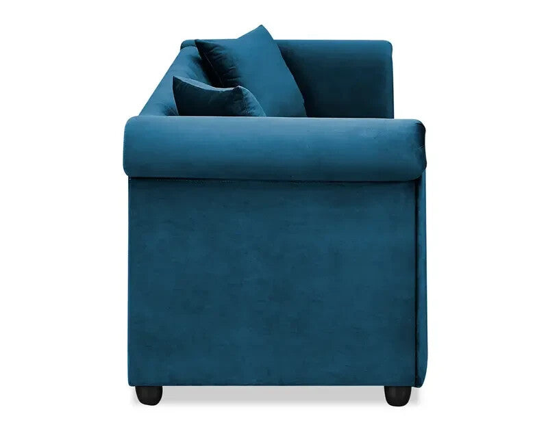 3 Seater Chesterfield Sofa Blue Velvet Scroll Arms Plush Living Room
