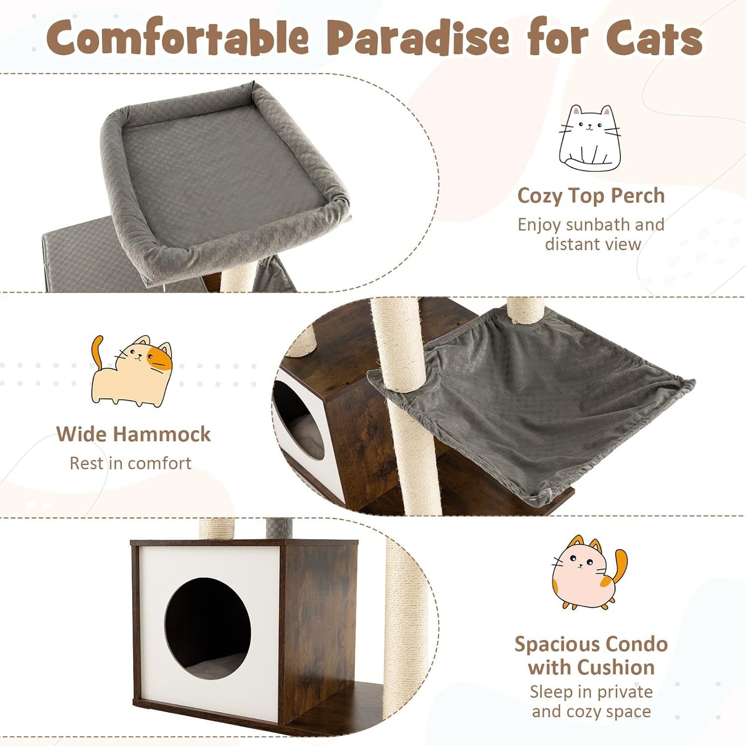 127cm Wooden Cat Tree Tower Condo Hammock Sisal Posts Swing Tunnel Indoor