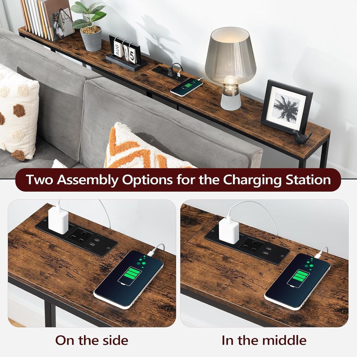 Narrow Sofa Console Table with USB & Power Strip, Rustic Wood, 180cm