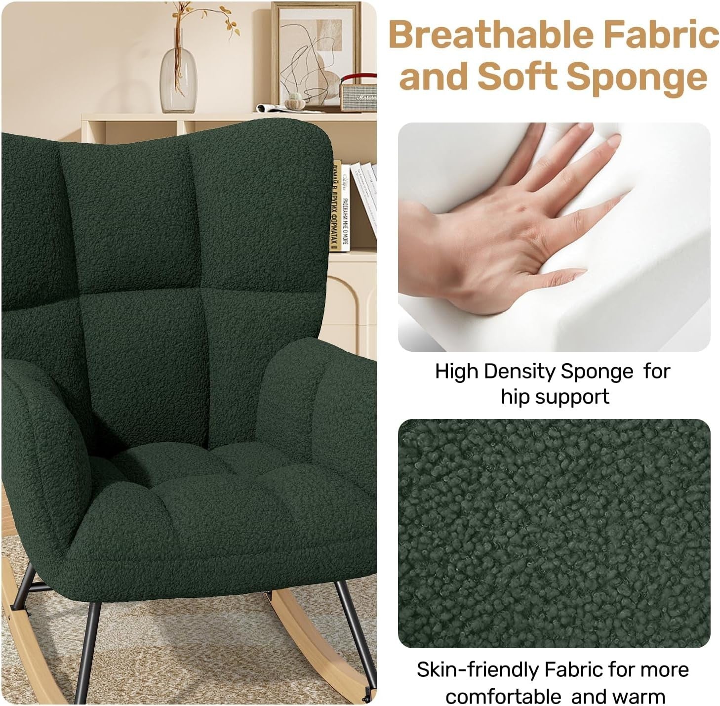 Green Lambswool Rocking Chair with High Back & Armrest - Comfy Nursery Seat