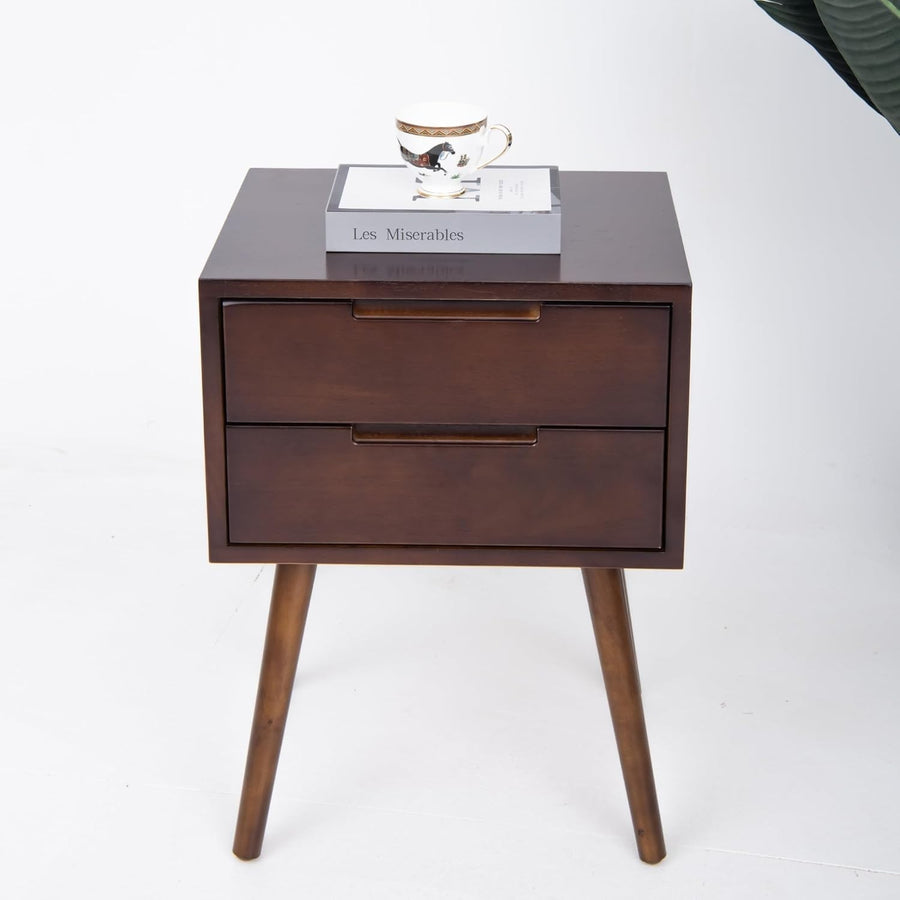Modern Walnut Bedside Table with 2 Drawers Wooden Nightstand Bedroom Storage
