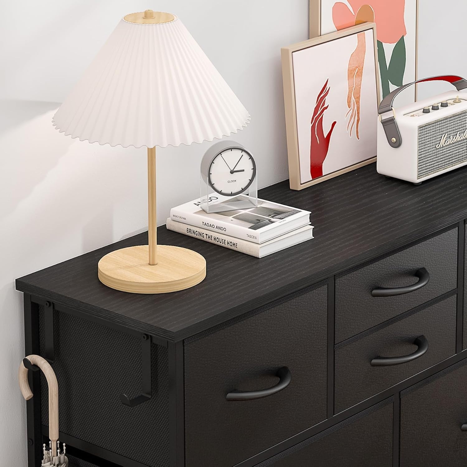Black 10 Drawer Tall Chest with Fabric Drawers, Hooks & Side Storage Pockets