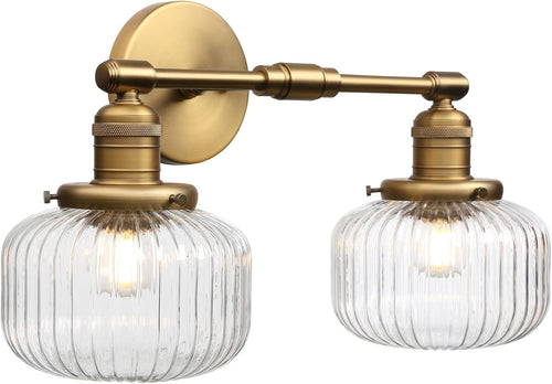 Industrial 2-Light Antique Brass Glass Wall Sconce | Vintage Bathroom Vanity Lig